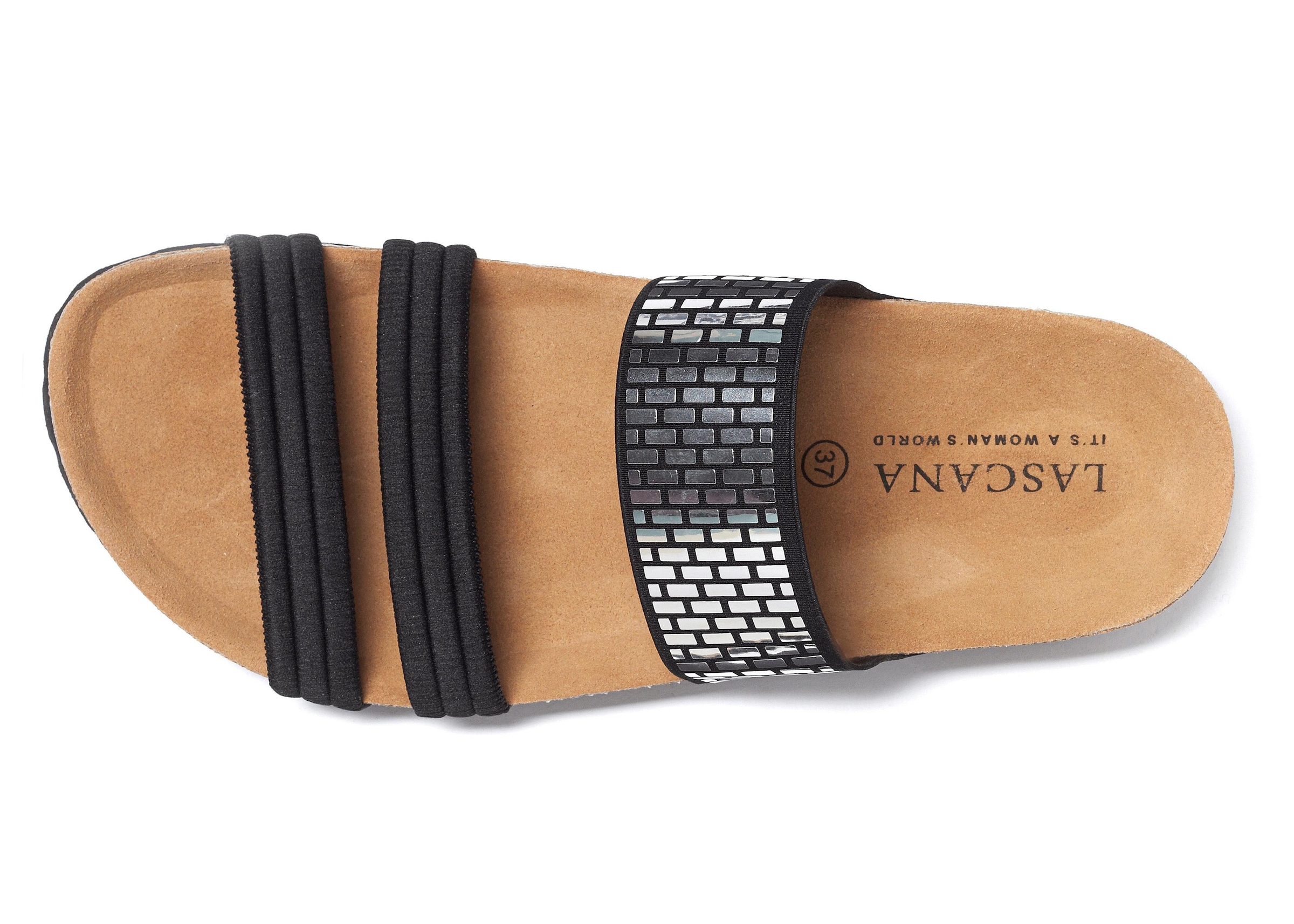LASCANA Pantolette »Mule, Sandale, offener Schuh,«, mit Komfortkorkfussbett aus Leder und elastischen Riemchen