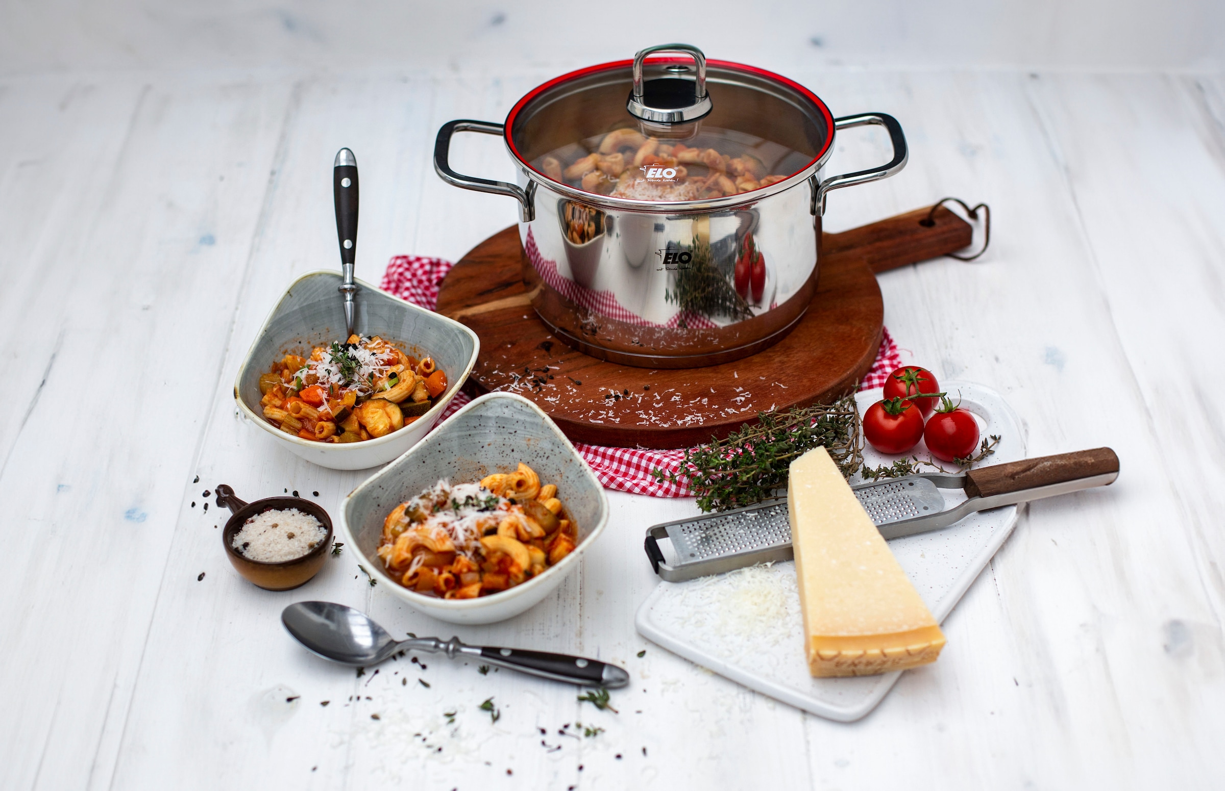 Elo Topf-Set »Excellent« Edelstahl 18/10 Set, Bratentopf Ø 20 cm, je 1 Fleischtopf Ø 16/20/24 cm, Kasserolle Ø 16 cm, 6 Stk. tlg. inkl. Untersetzer, mit Literskala, Induktion