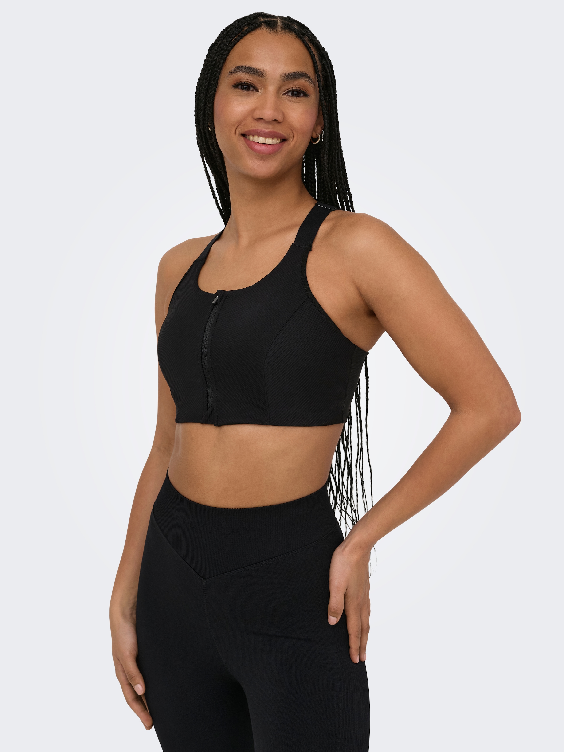 Image of ONLY Play Sport-BH "ONPJANA-3 ZIP SPORTS BRA NOOS" mit Markenlabel, aus Nylon und Elasthan, in Jersey-Qualität, elastisch