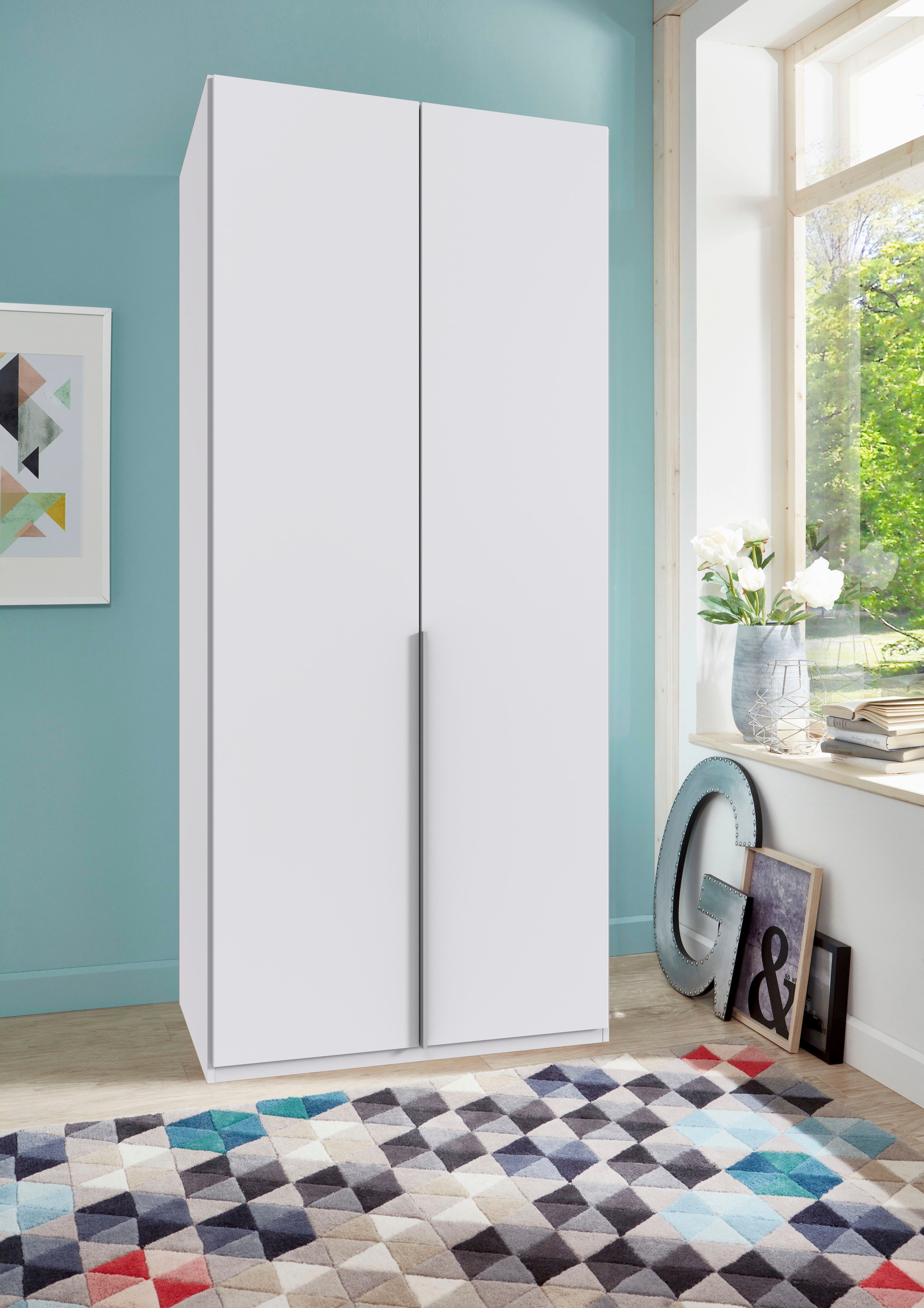 Wimex Kleiderschrank »Mugano, in 5 Breiten und 2 Höhen, Made in Germany«, (in Basic oder Premium Ausstattung mit 2 weiteren Einlegeböden), mit langen Griffstangen aus Metall, wahlweise mit oder ohne Spiegel