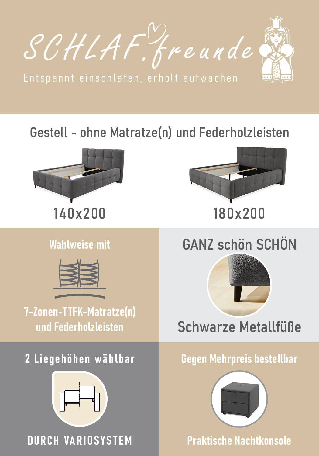 Jockenhöfer Gruppe Lit rembourré »Lucy, wahlweise mit Federholzleisten und 7-Zonen-TTFK-Matratze in H3« Effet bulle, 2 profondeurs d’insertion différentes possibles