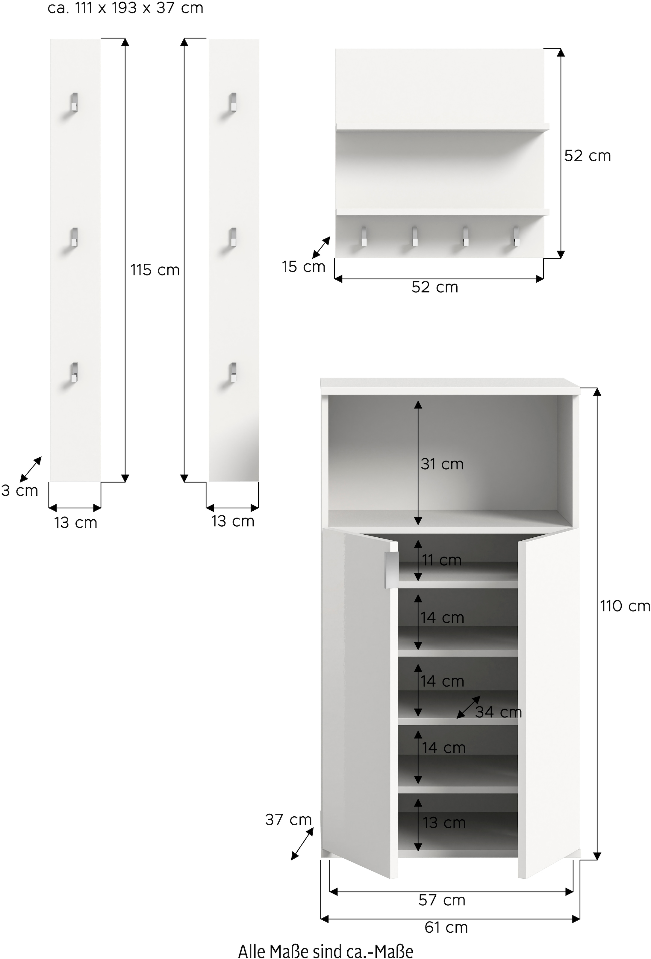 INOSIGN Garderoben-Set »Trondheim, Garderobenset 3-tlg. Breite 111 cm,«, (3 St.), hochglanz, best. aus: Paneele, Schuhkommode, Flur, Diele
