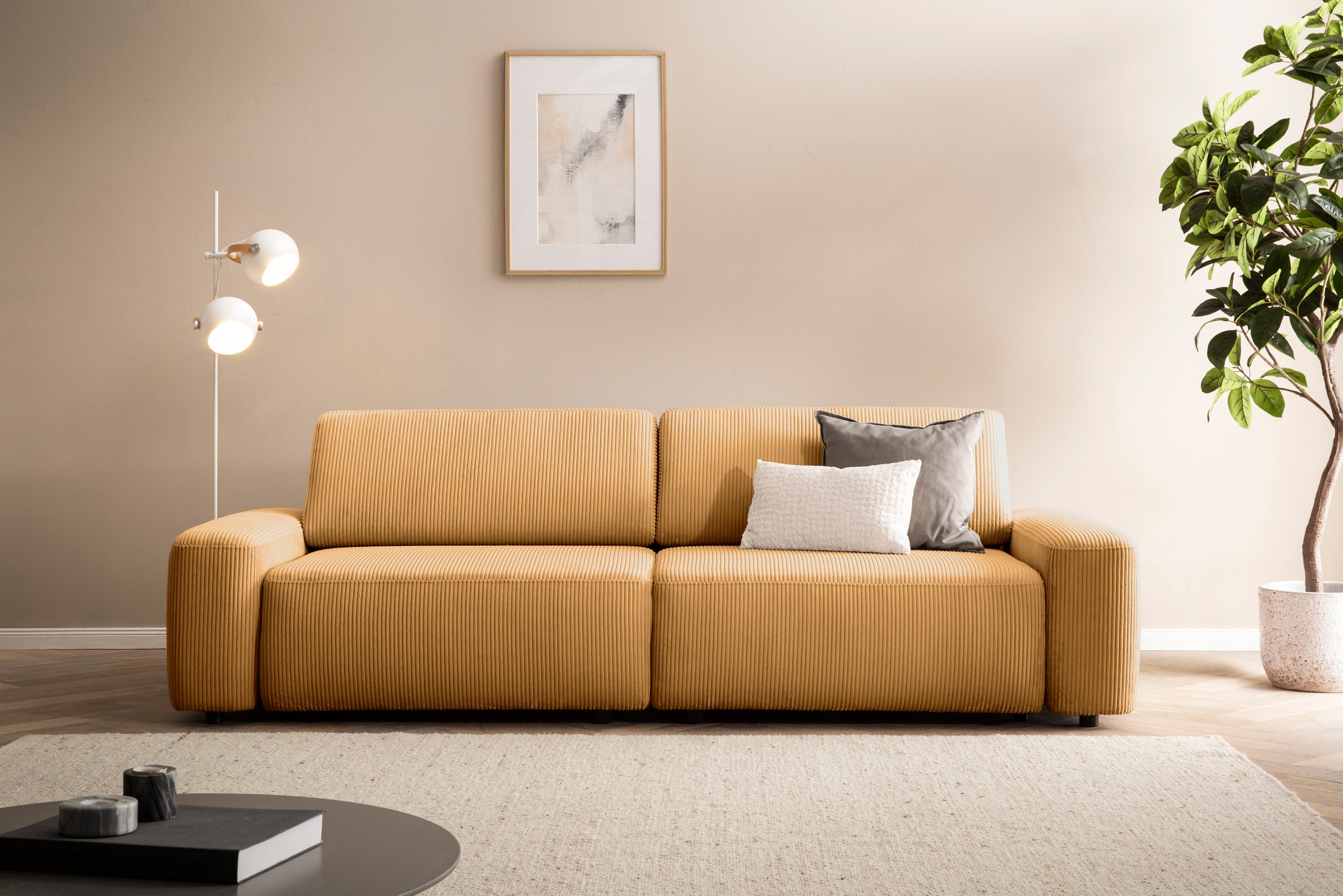 INOSIGN 3-Sitzer »TORGE (257cm), Sofa,Schlafsofa in Cord, Samtvelours, Struktur fein«, rundes Design, Schlaffunktion u. Bettkasten, Liegefläche: 135/200 cm