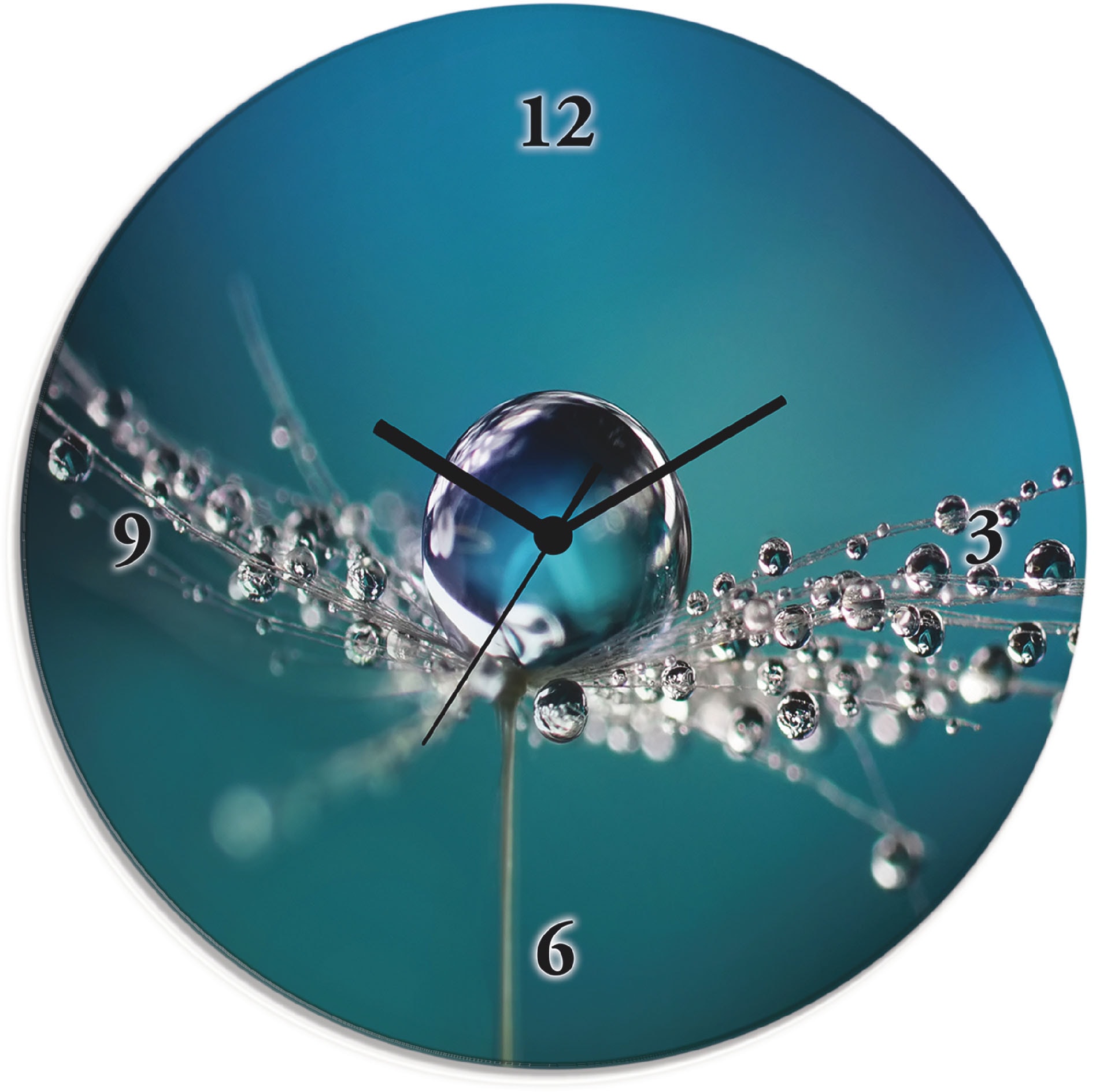 Image of Artland Wanduhr "Glasuhr rund Pusteblume Tautropfen blau" wahlweise mit Quarz- oder Funkuhrwerk, lautlos ohne Tickgeräusche