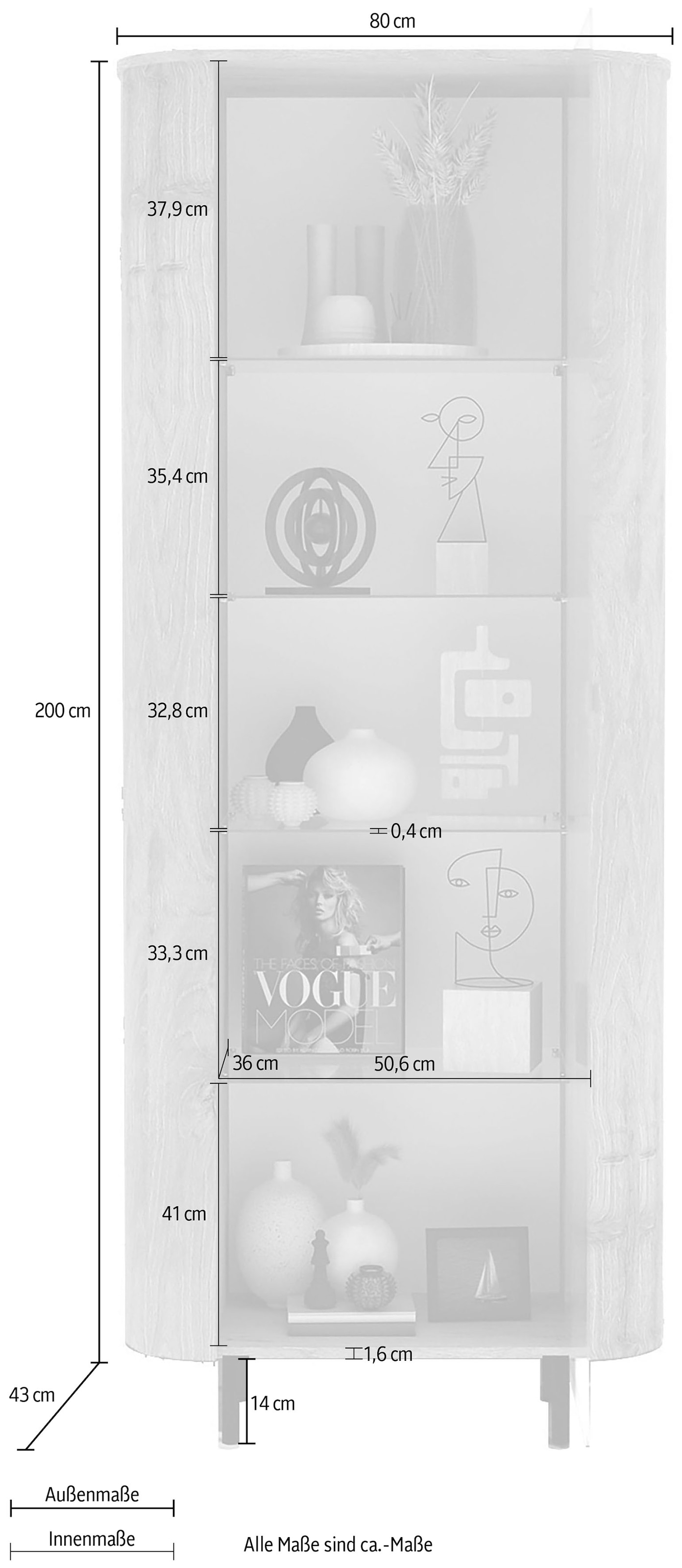 Home affaire Vitrine »Murano, Standvitrine H 200 cm, B 80 cm, 1 Tür, Vitrinenschrank« Formgebogenes MDF, Stirnseiten mit Rundung, Metallfüsse, stilvoll
