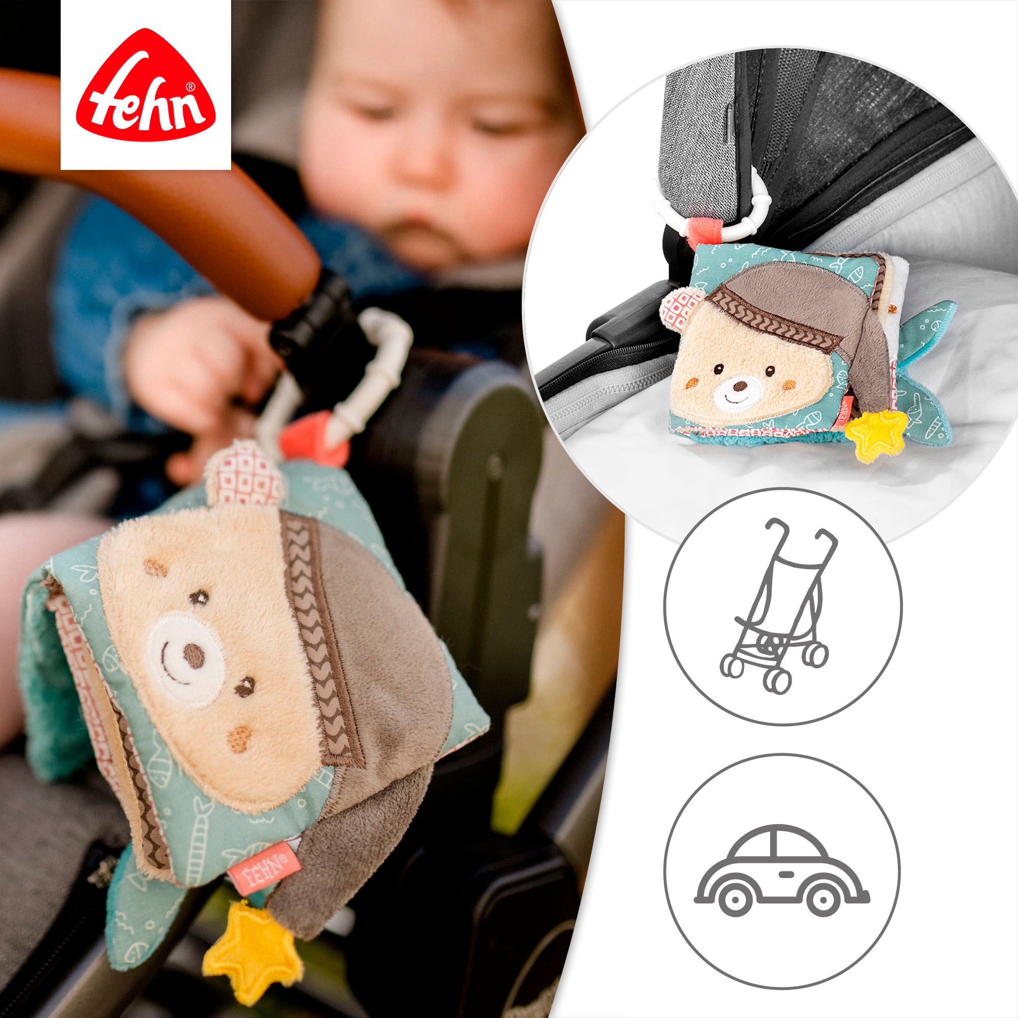 Fehn Greifspielzeug »Bruno, Stoffbuch«, mit Ring zur Befestigung an Kinderwagen, Babyschale oder Bett