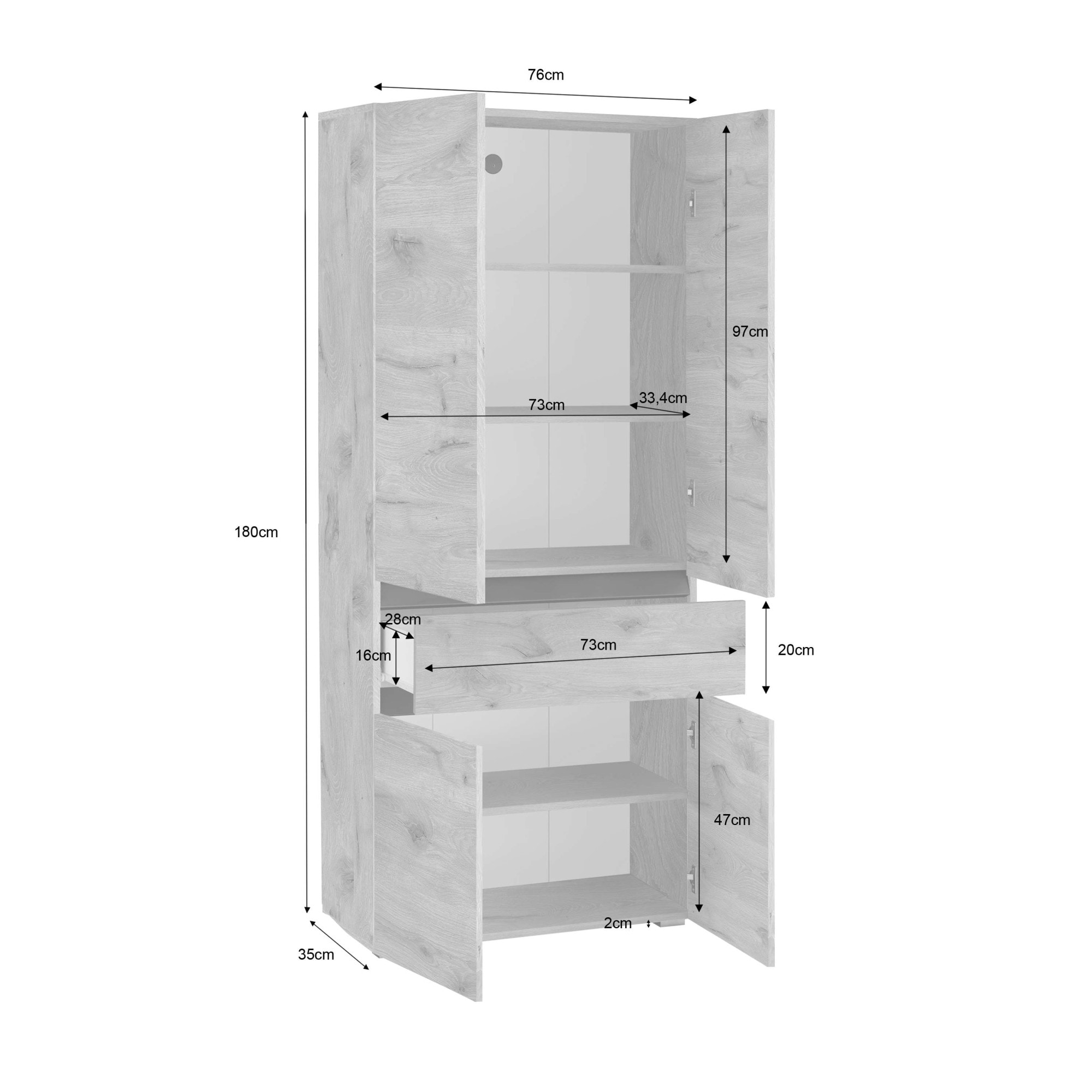 Home affaire Hochschrank »Wisla« mit 4 Türen & 1 Schublade, Breite 76 cm, Höhe 180 cm