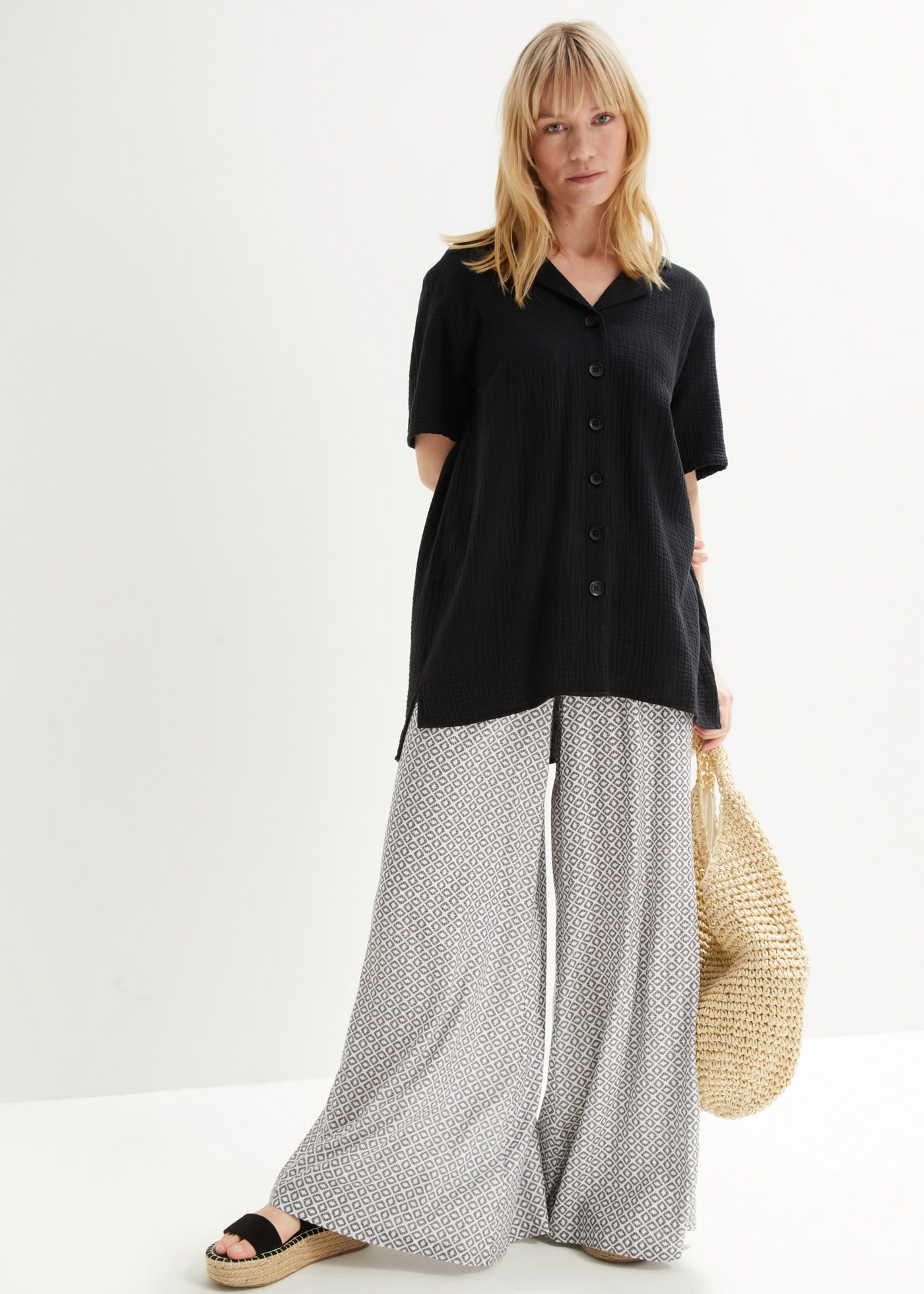 bonprix Blouse chemise weite Passform, mit halbarm, aus Baumwolle, verlängerter Rückensaum