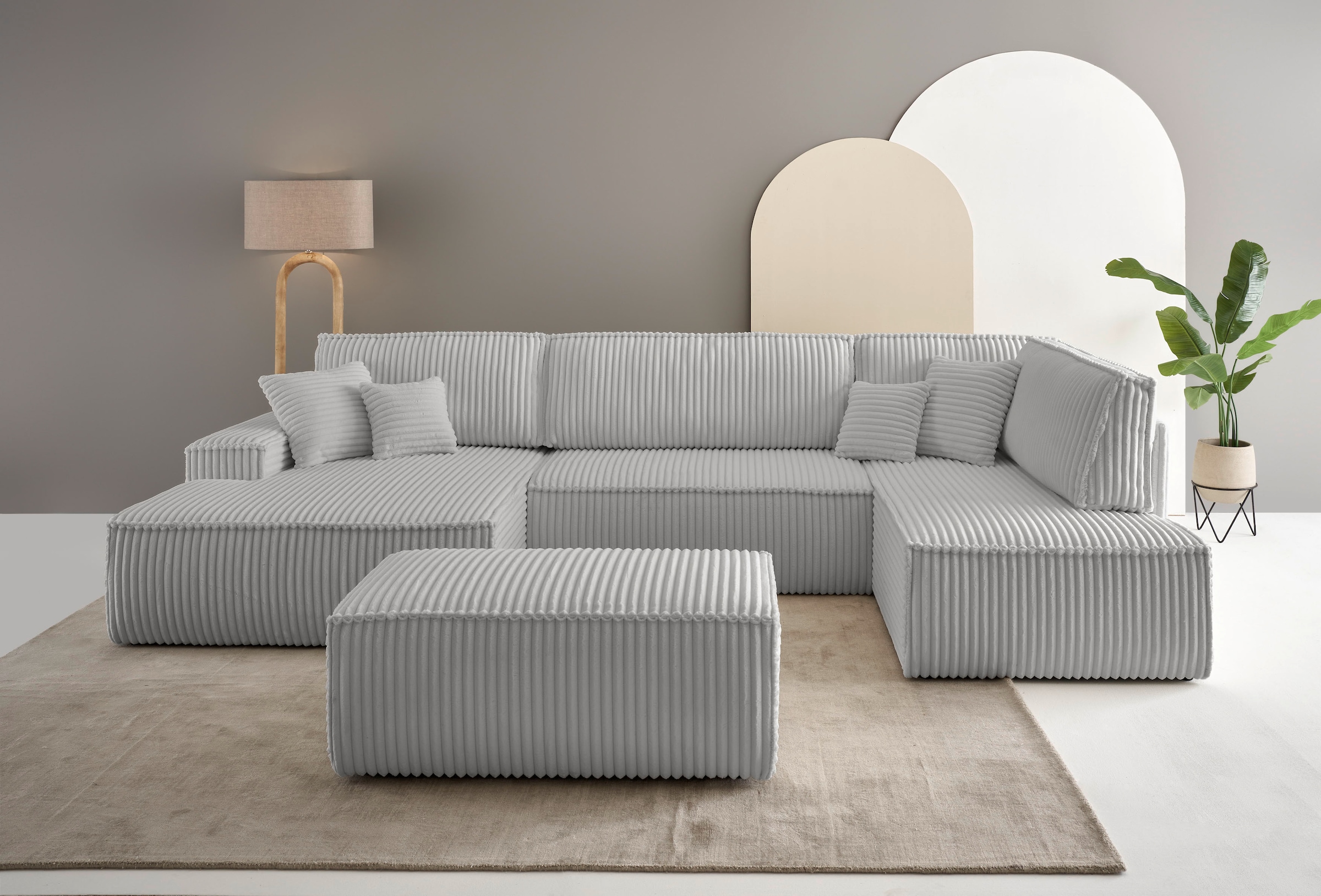 andas Wohnlandschaft »FINNLEY U-Form XXL 329 cm, Schlafsofa, Schlaffunktion m. Bettkasten«, (194/139 cm), Bouclé, Struktur und Cord