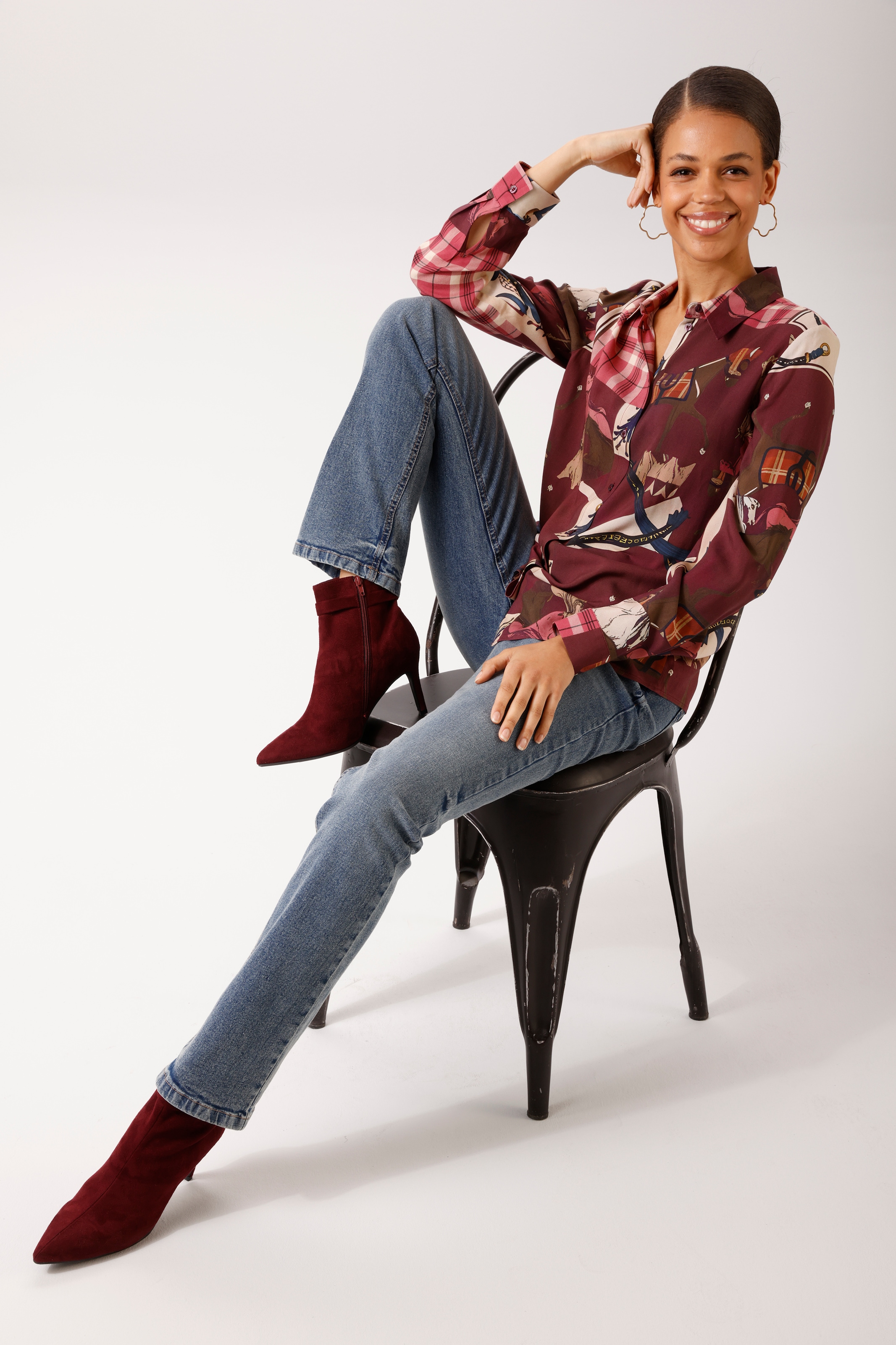 Aniston CASUAL Blouse chemise - imprimé extravagant avec chevaux, ceintures et carreaux - NOUVELLE COLLECTION