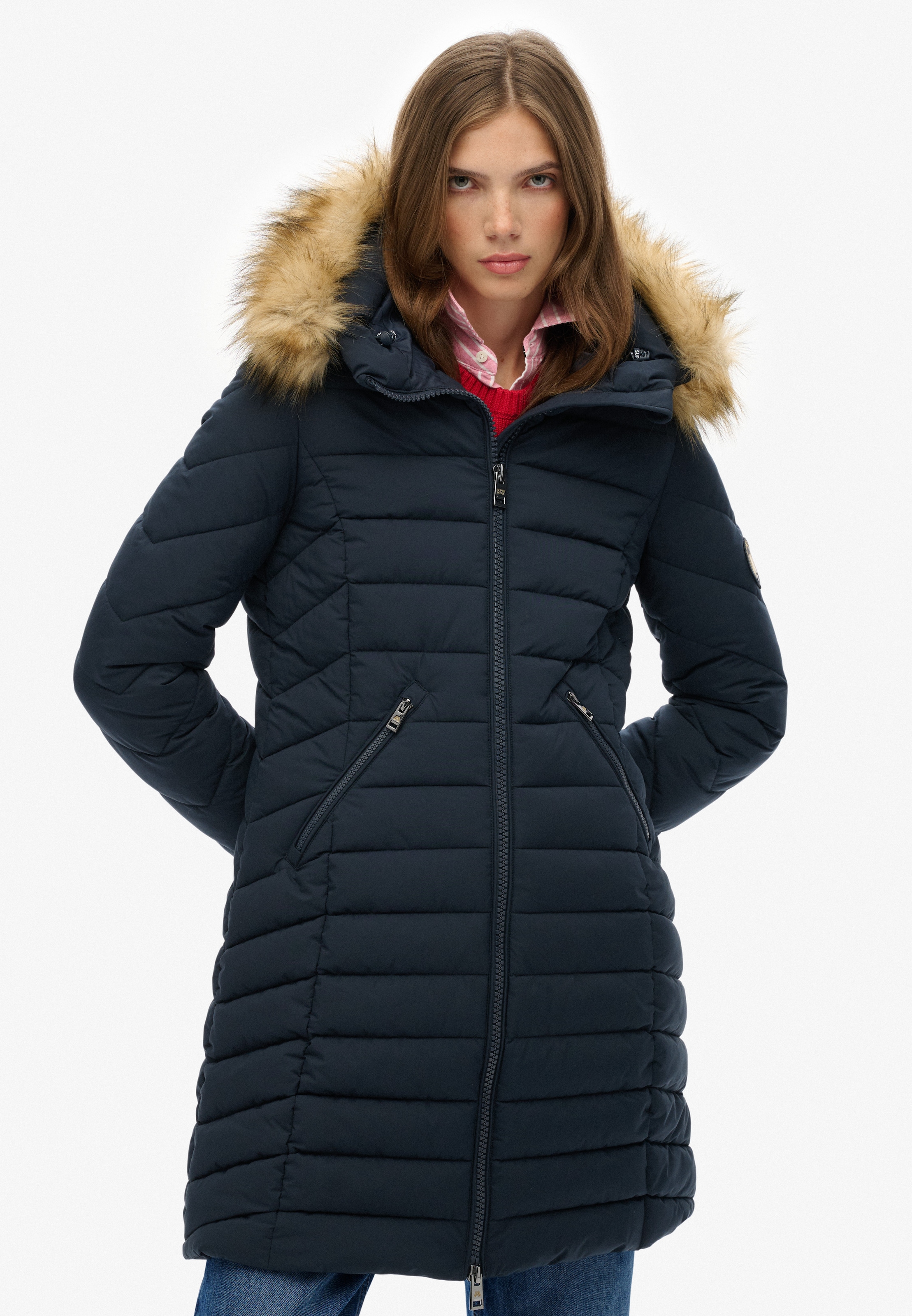 Image of Superdry Steppjacke "FUJI FAUX FUR HOOD MID LENGTH" mit Kapuze