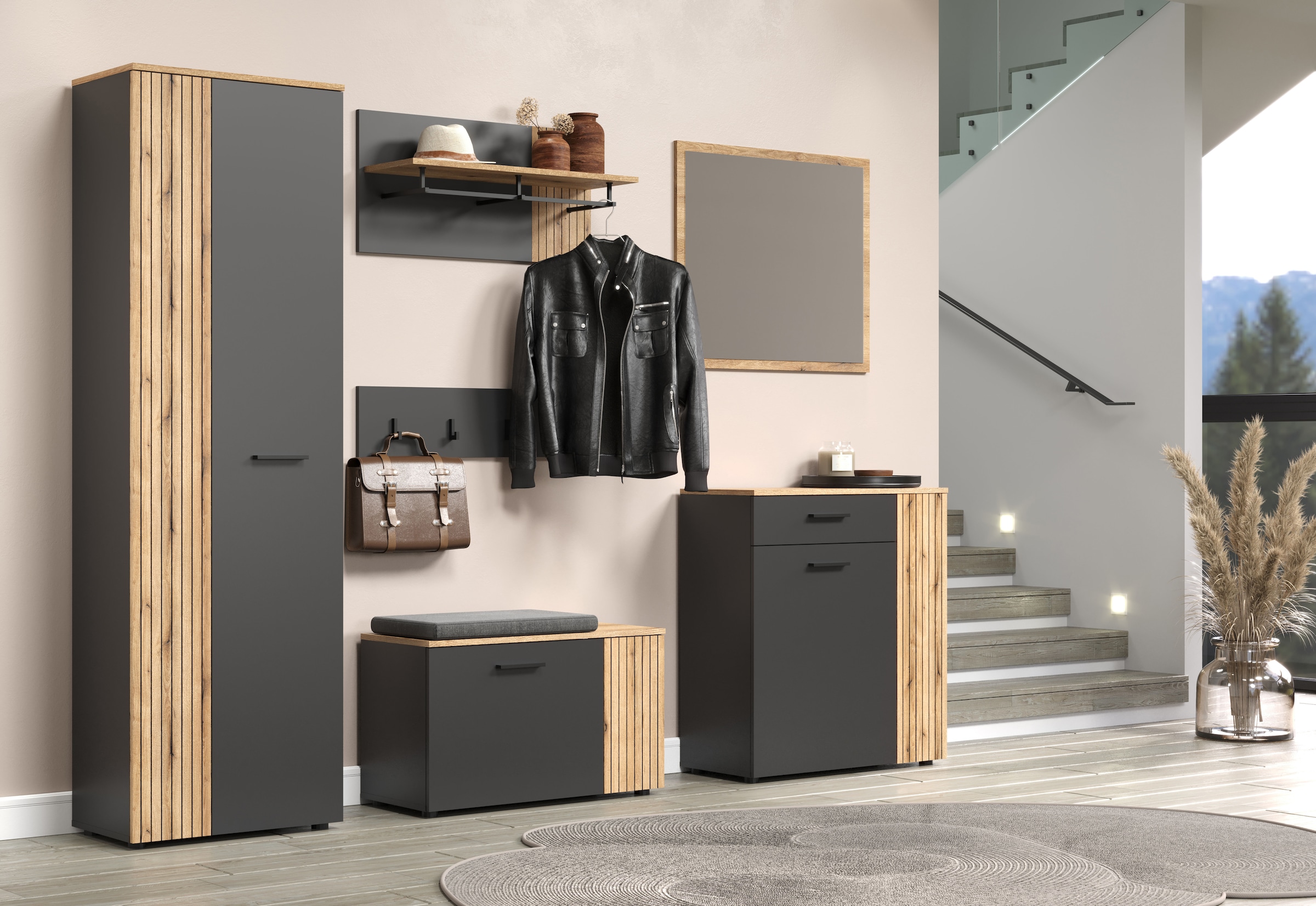 INOSIGN Garderoben-Set »Estepona«, (Komplett-Set, 6 St.), Garderobenmöbel mit Rillenoptik - Masse (B/T/H) 250/36/195 cm