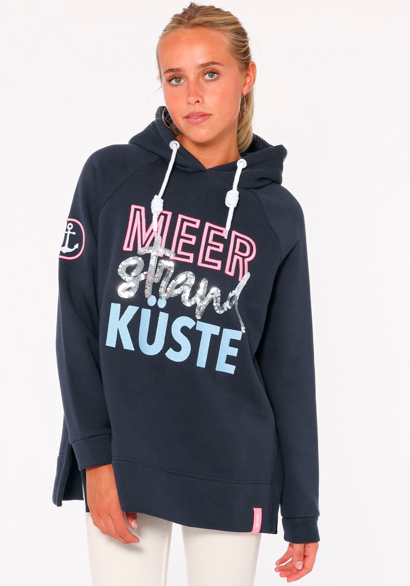 Hoodie »Meer Strand Küste«, mit Pailletten-Schriftzug und aufgesticktem Anker-Motiv am...