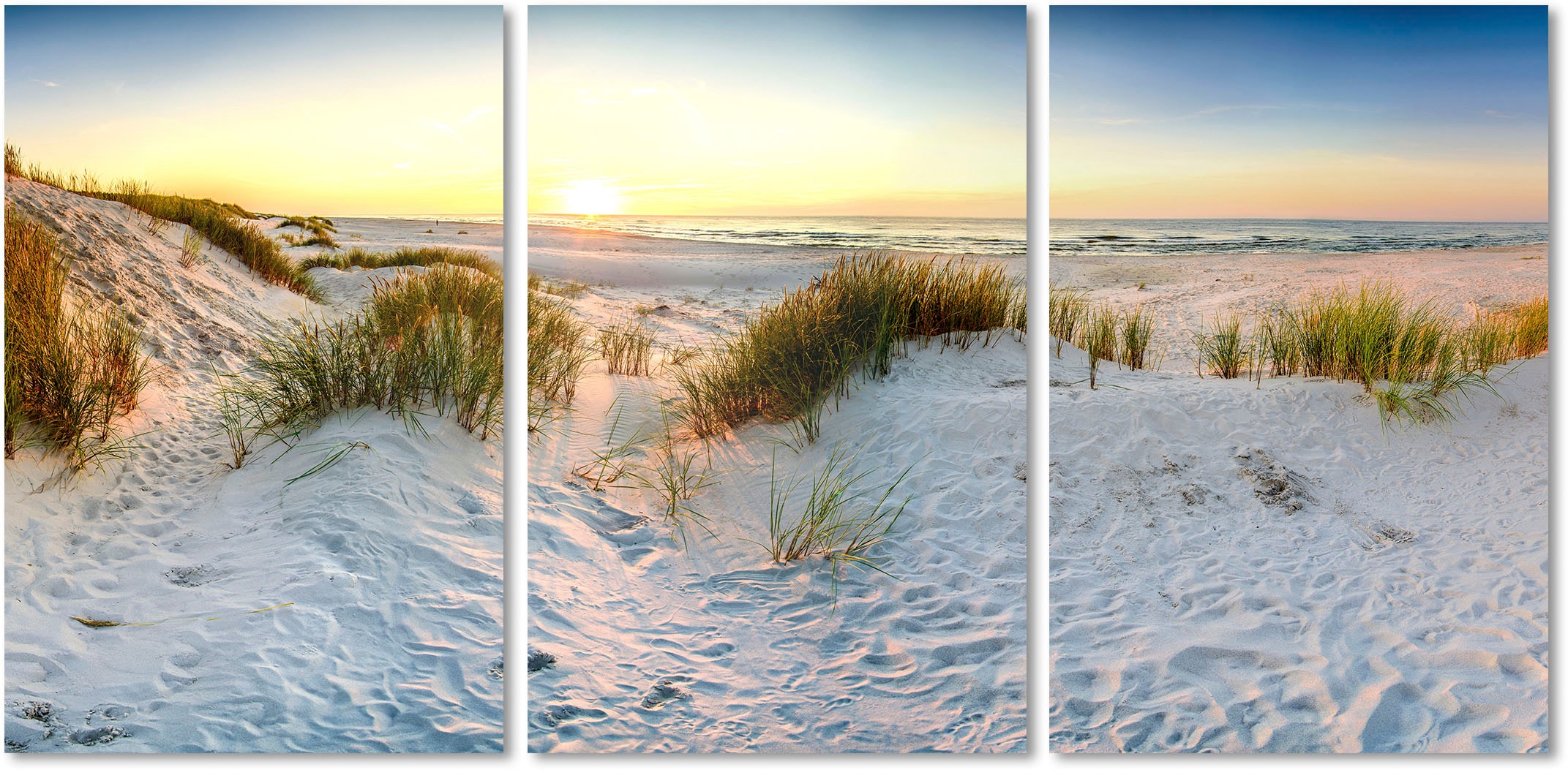 Image of queence Acrylglasbild "Sunset Beach 3-teilig" Düne Gräser Himmel Meer Meer Bilder Spa Spa Bilder Strand 1 Stk. tlg. Fine Art-Print in Galeriequalität