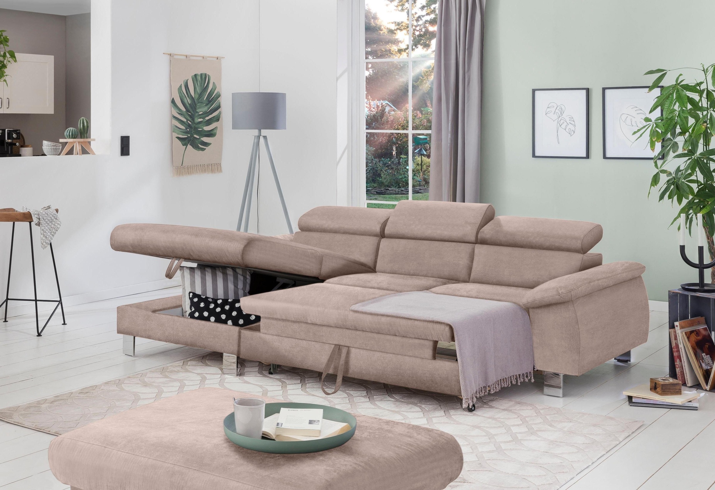 COTTA Polstergarnitur »Komaris L-Form, B: 242 bzw. 100 cm (Set: Ecksofa & Hocker)«, (Set), mit Kopfteilverstellung, optional Bettfunktion, Bettkasten & Licht