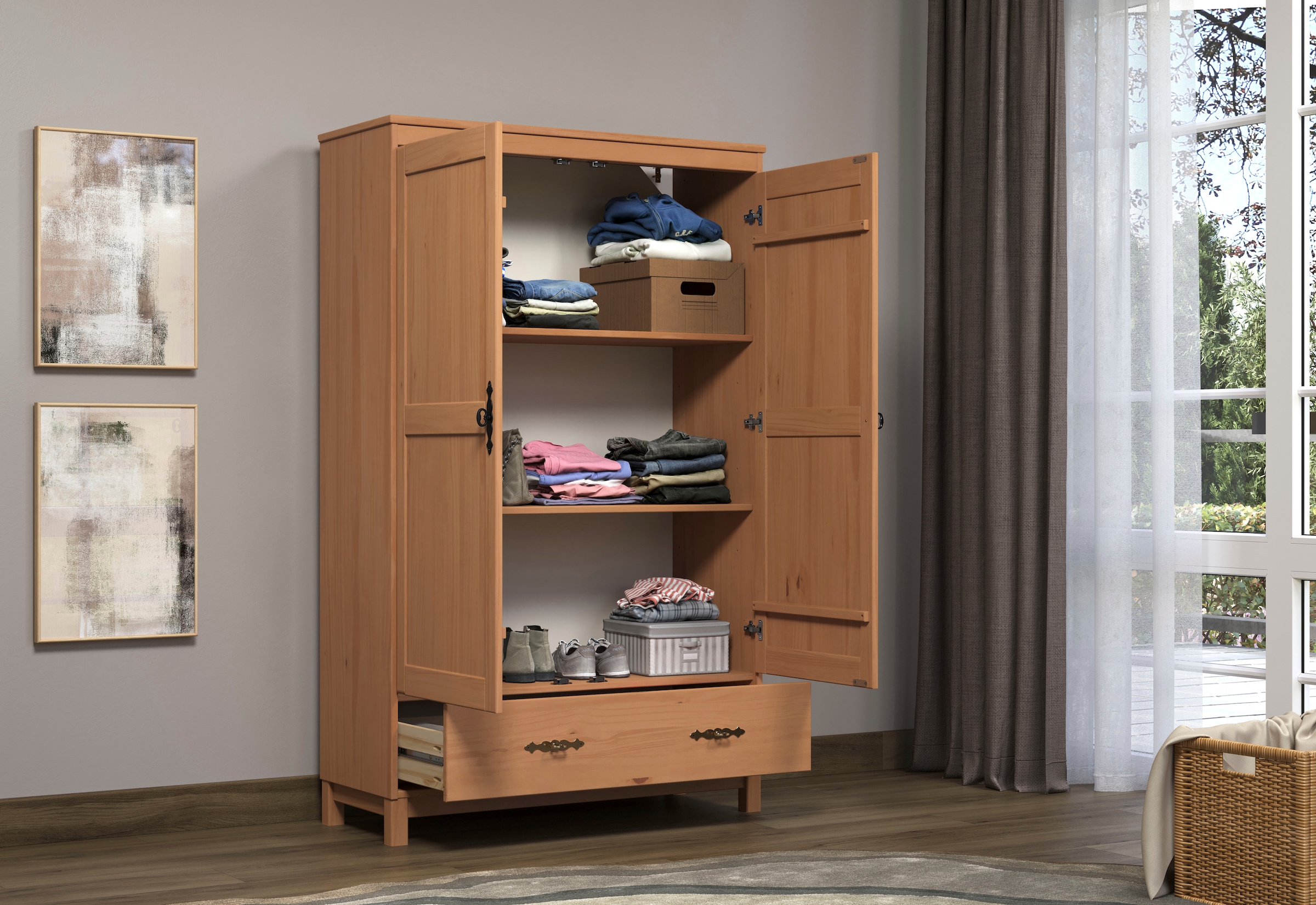 Home affaire Kleiderschrank »Sandnes Kieferschrank Schlafzimmer Schrank TOPSELLER weiss« natürlicher Landhaus-Look B/T/H: 96x38x155cm, 1 Stk. tlg. Drehtürenschrank aus Massivholz mit besonderen Metallgriffen