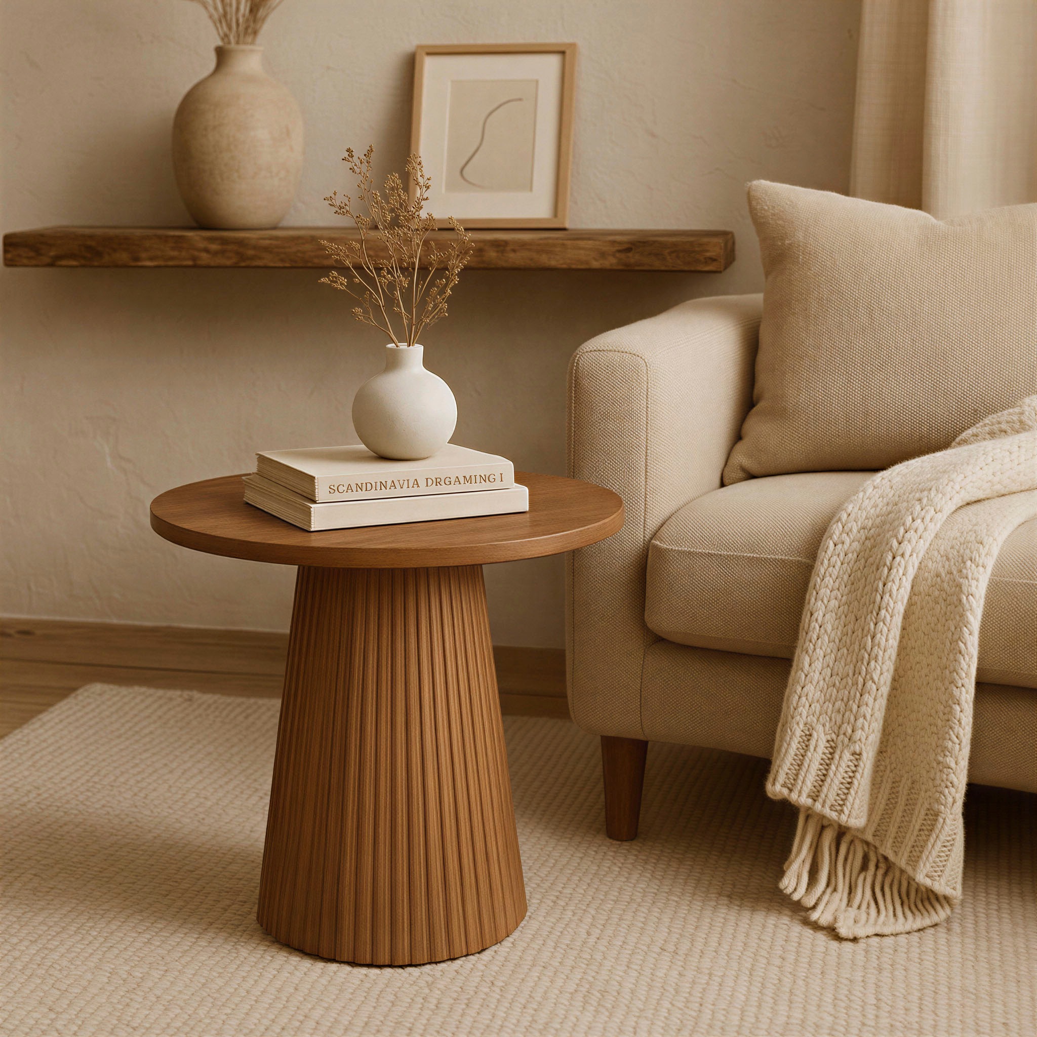 Image of SIT Beistelltisch "Canberra aus Mangoholz mit Sockelfuss & Lamellendesign" Runder Sockelfuss mit modernem Lamellendesign aus Mangoholz