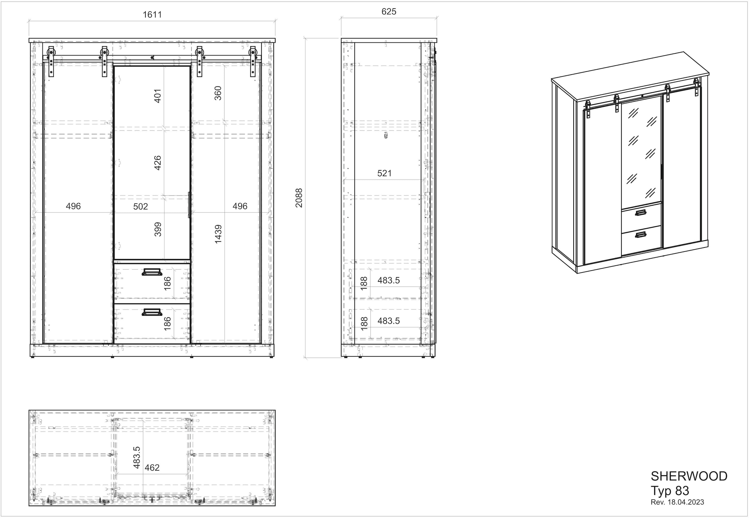 Home affaire Kleiderschrank »SHERWOOD«, Scheunentorbeschlag aus Metall, Schubkasten "Soft close", B/T/H 161/63/209cm