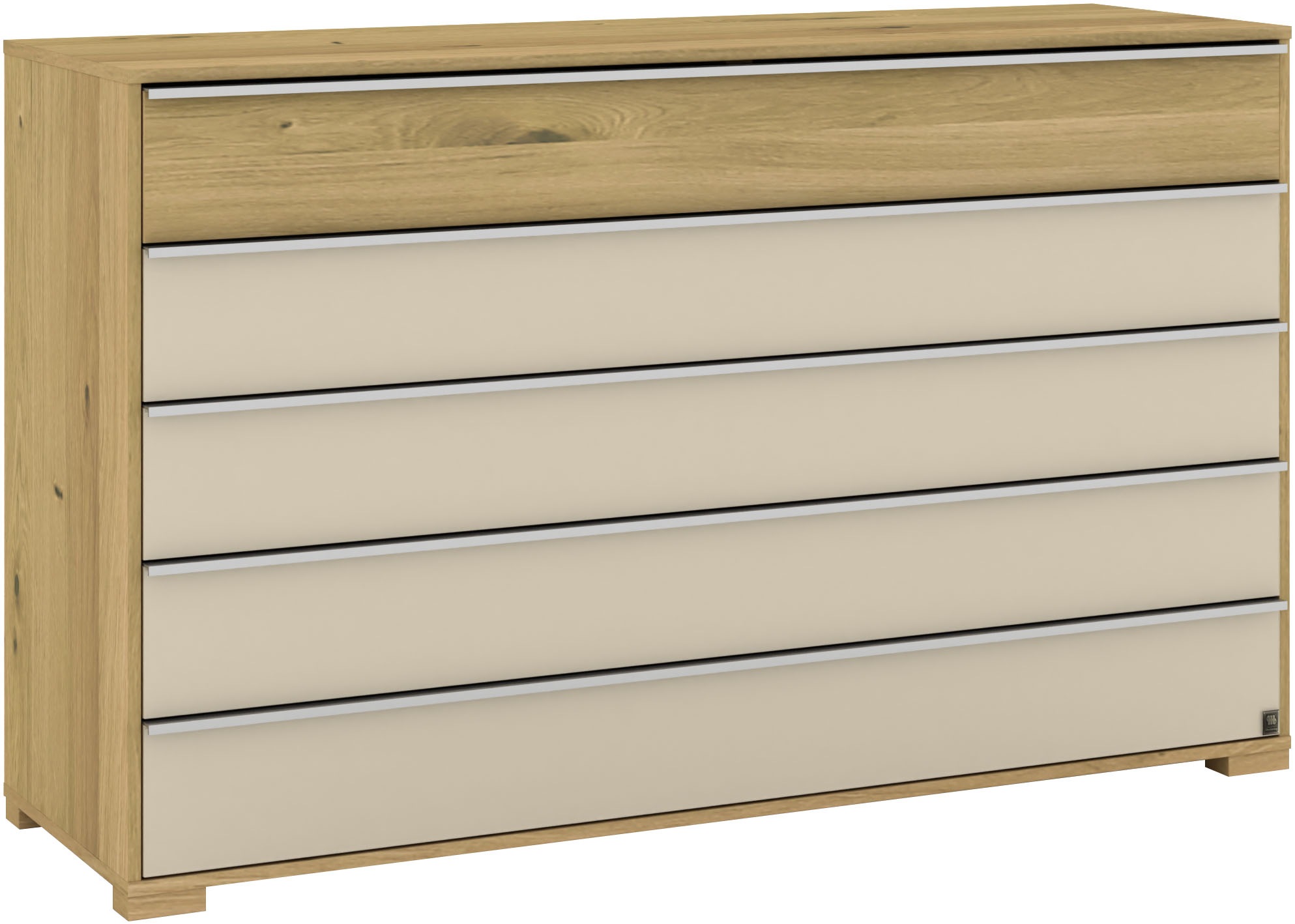 Musterring Schubkastenkommode "Savona Sideboard, Wäscheschrank, mit Schubladen, teilmassiv, 141 cm" Bianco-Eiche, mit Glas, mit Selbsteinzug und Dämpfung, MADE IN GERMANY, Fronten in Bianco-Eiche massiv und Glas Champagner, B141 x H 86cm