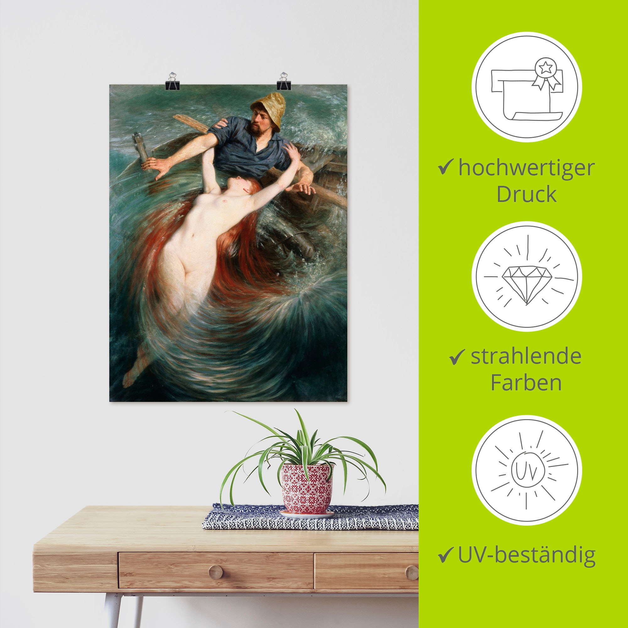 Artland Wandbild »Ein Fischer in den Fängen einer Sirene.«, klassische Fantasie, (1 St.), als Leinwandbild, Poster in verschied. Grössen