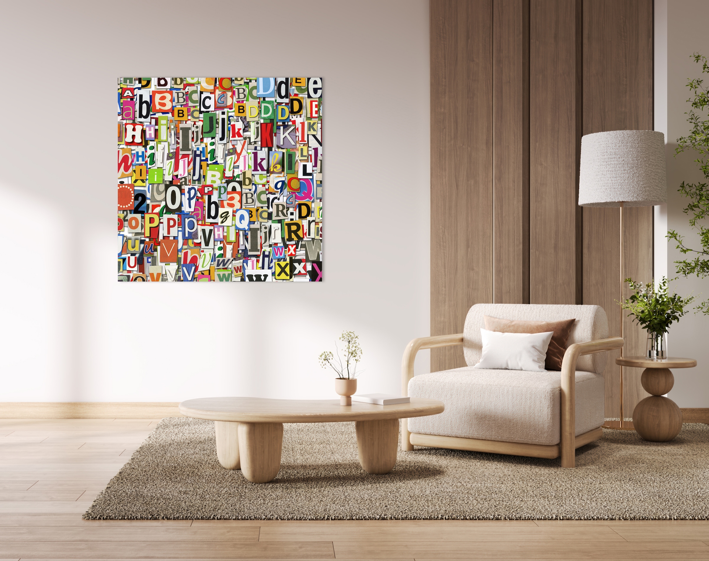 queence Tableau en verre acrylique »Bunte Buchstaben als Zeitungsschnipsel« 1 cuis tlg. avec effet de profondeur 3D flottant, grâce à la fixation sans cadre