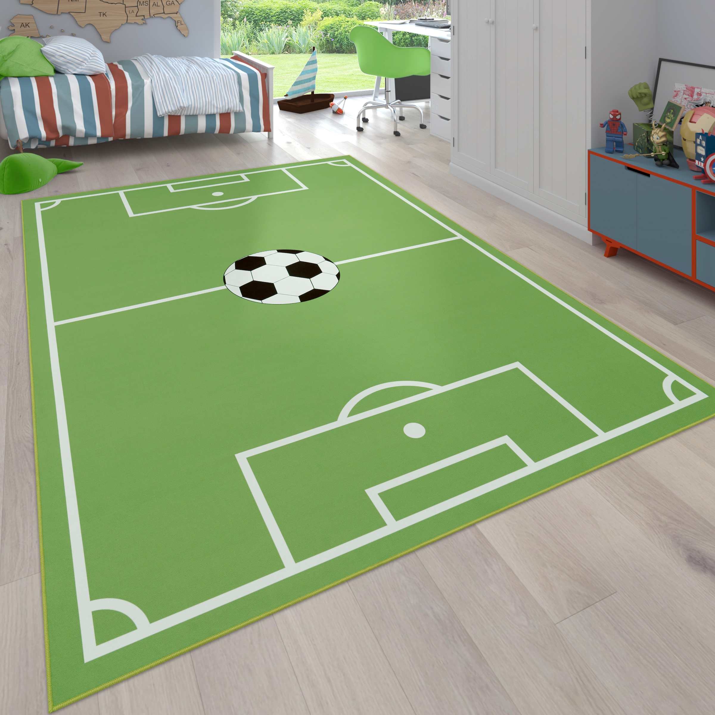 Image of Paco Home Kinderteppich "Bino 568" rechteckig 4 mm Höhe Kurzflor, Spiel-Teppich, Motiv Fussballfeld, Kinderzimmer