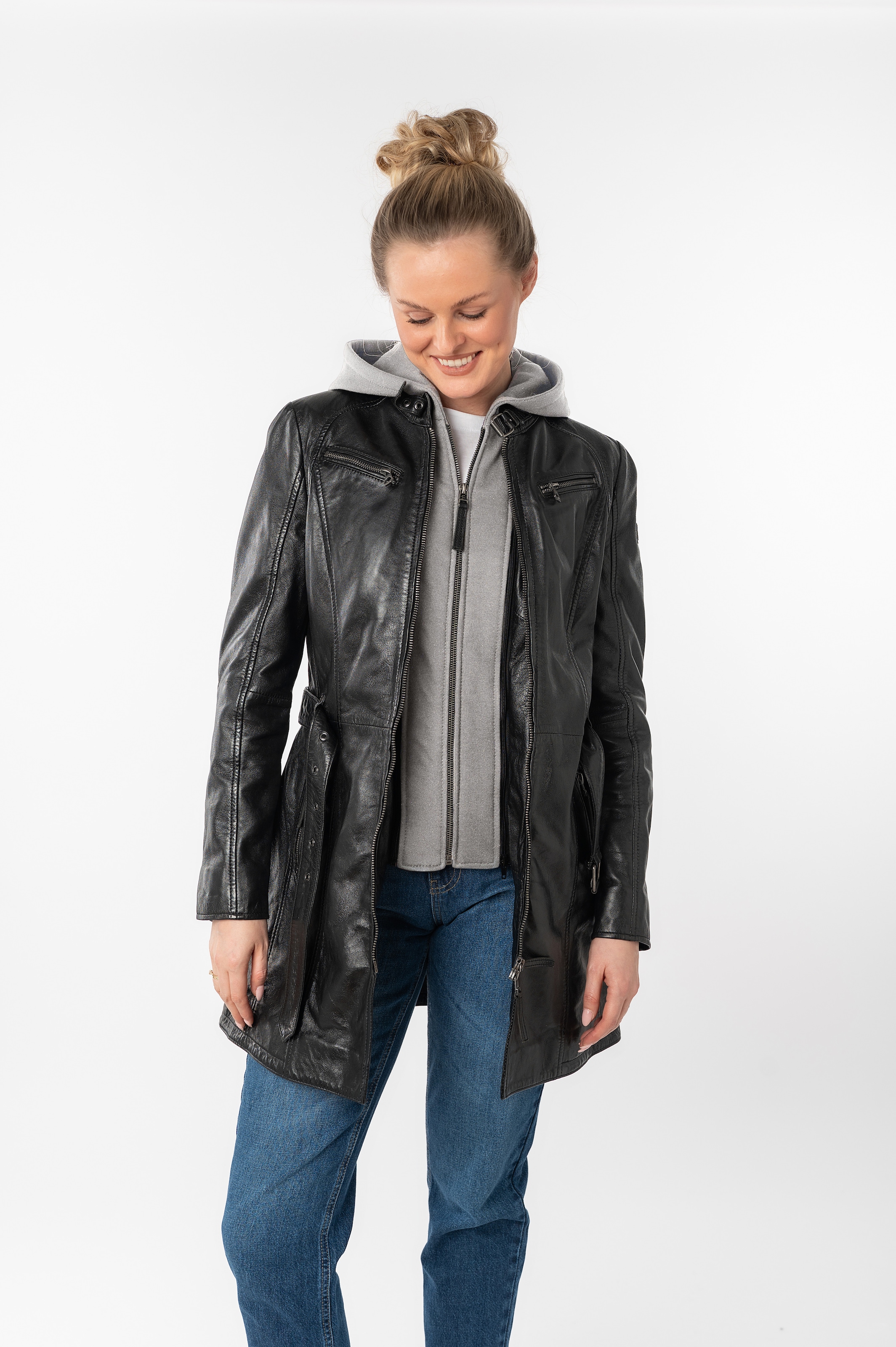 Image of Mauritius Ledermantel "BENTE2" mit Gürtel, lange Lederjacke mit Gürtel & abnehmbarem Kapuzen-Inlay