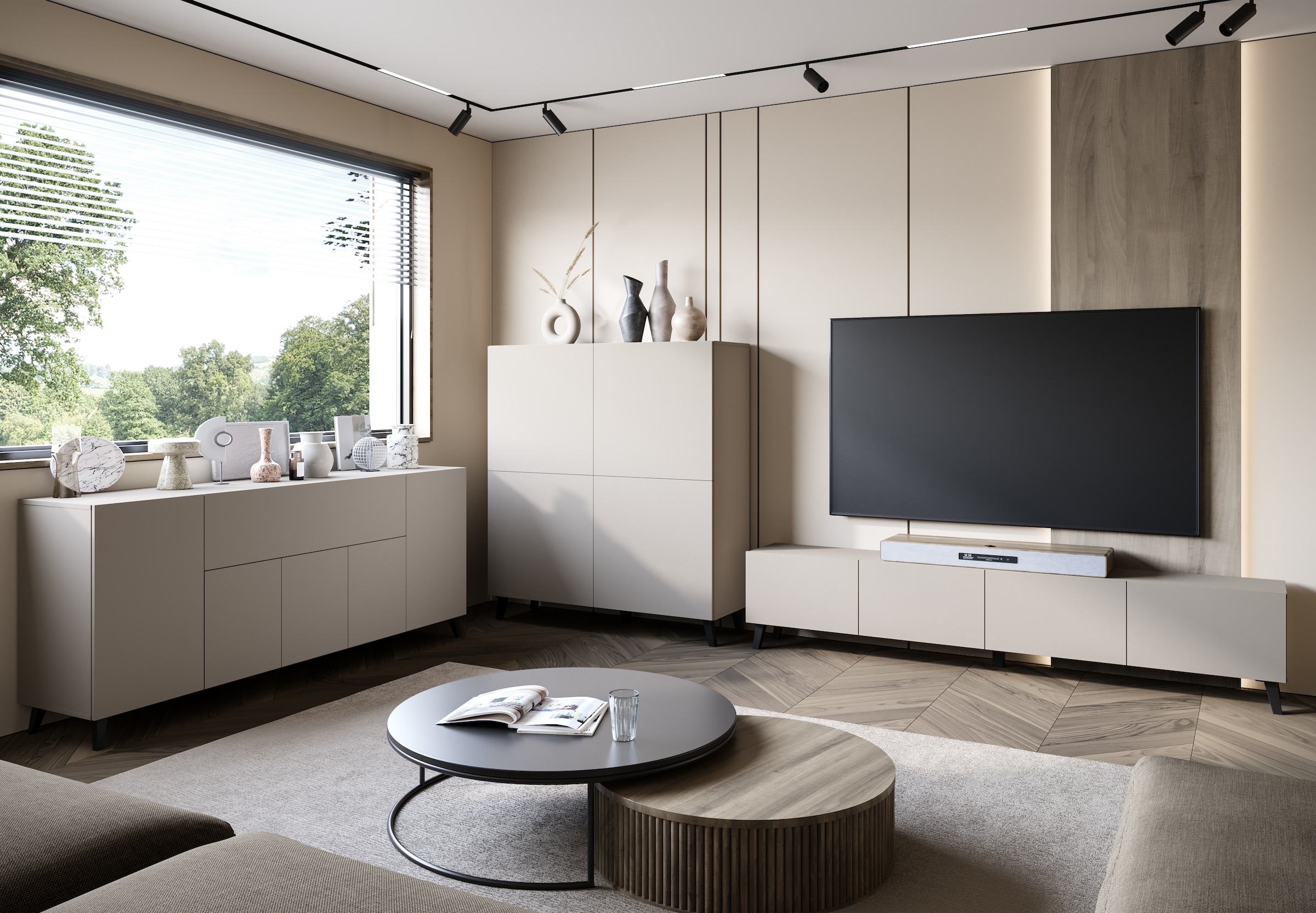 Home affaire Buffet haut »HIGHBOARD PHUKET II, Stilvolle, grifflose Hochkommode, Breite 120cm« Avec 4 portes et 8 compartiments avec étagères réglables en hauteur