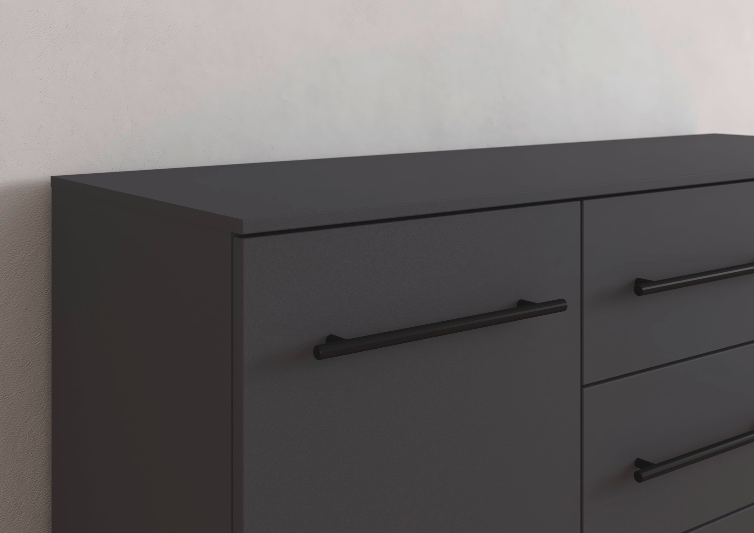 GOODproduct Commode combinée »Highboard Sideboard Schubladenkommode Kommode Schlafzimmer AVOLA« Largeur 120 cm avec fonction SOFT-CLOSE et façade décorative,  quatre grands tiroirs et 2 portes, avec 4 étagères MADE IN GERMANY