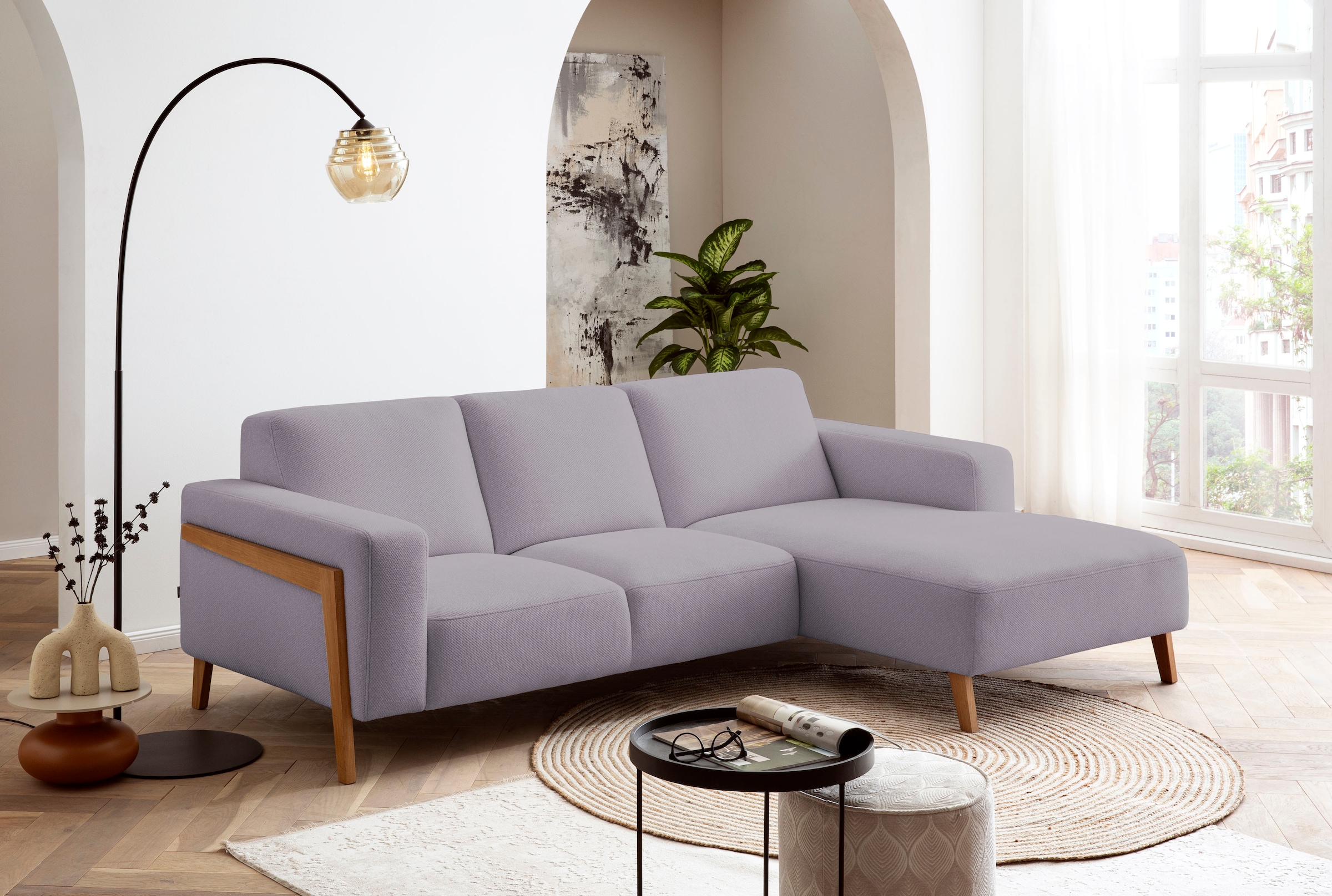 exxpo - sofa fashion Ecksofa »Starr Scandic Design, tolle Verarbeitung, bequem, Sichtholz am Armteil«, L-Form, wahlw. elektrische Sitztiefenverstellung, Massivholzfüsse