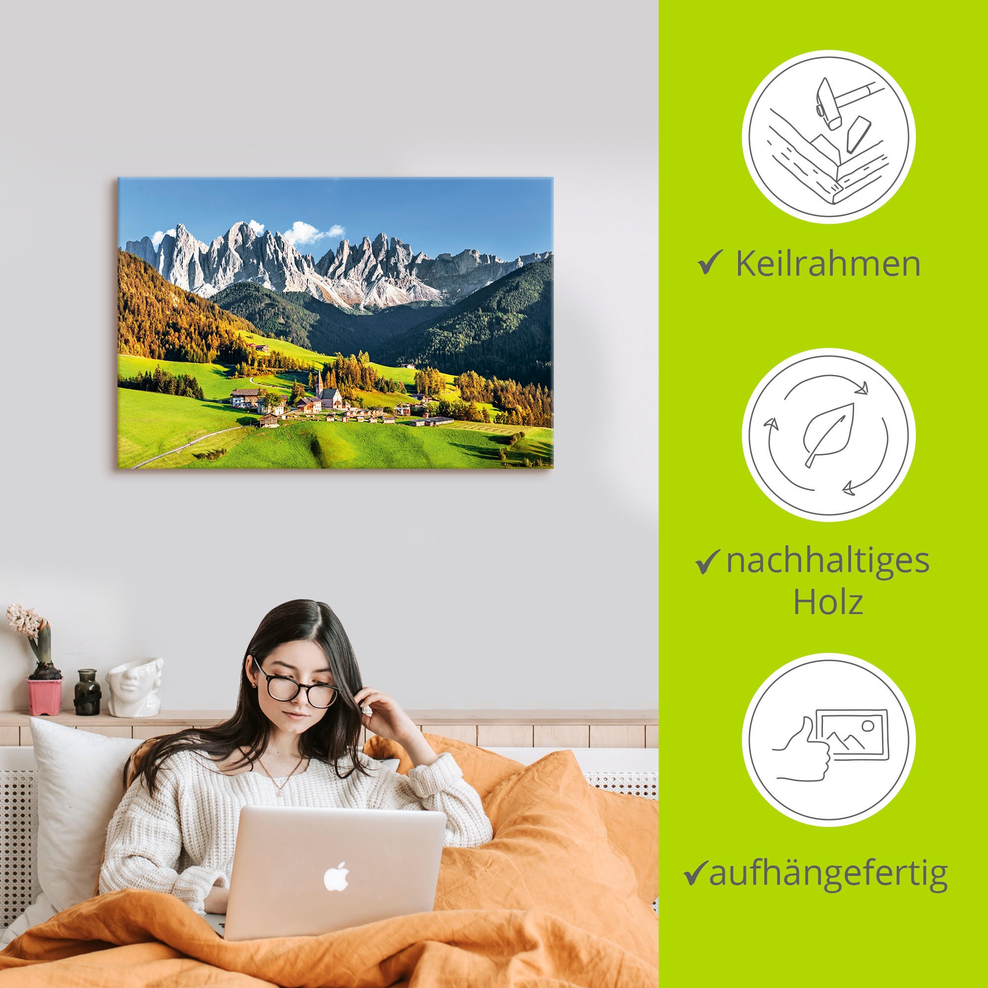 Artland Wandbild »Alpen Berge Santa Maddalena«, Berge & Alpenbilder, (1 St.), als Alubild, Outdoorbild, Leinwandbild, Poster in verschied. Grössen