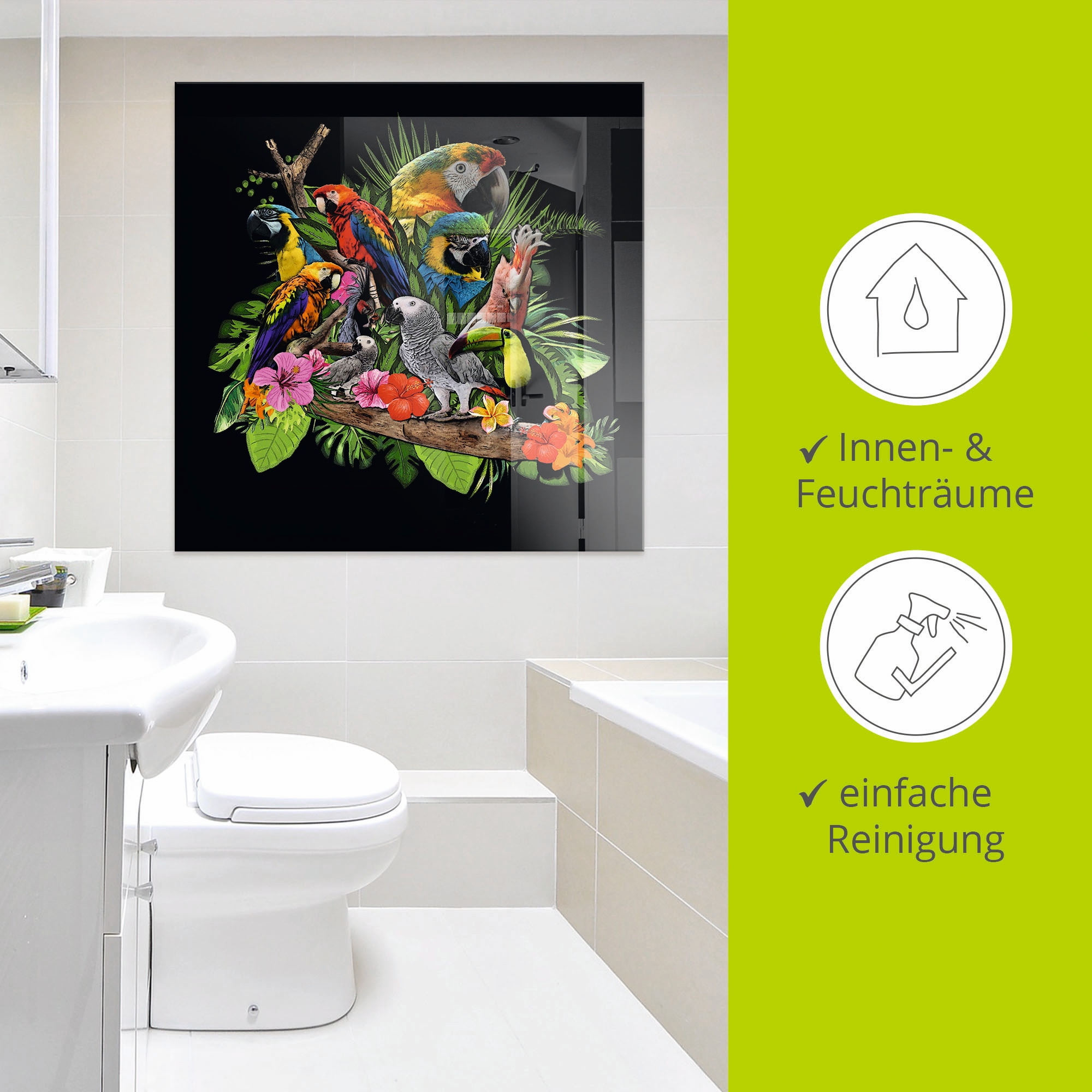 Artland Tableau en verre »Papageien Graupapagei Kakadu Dschungel« 1 cuis tlg. in verschiedenen Grössen