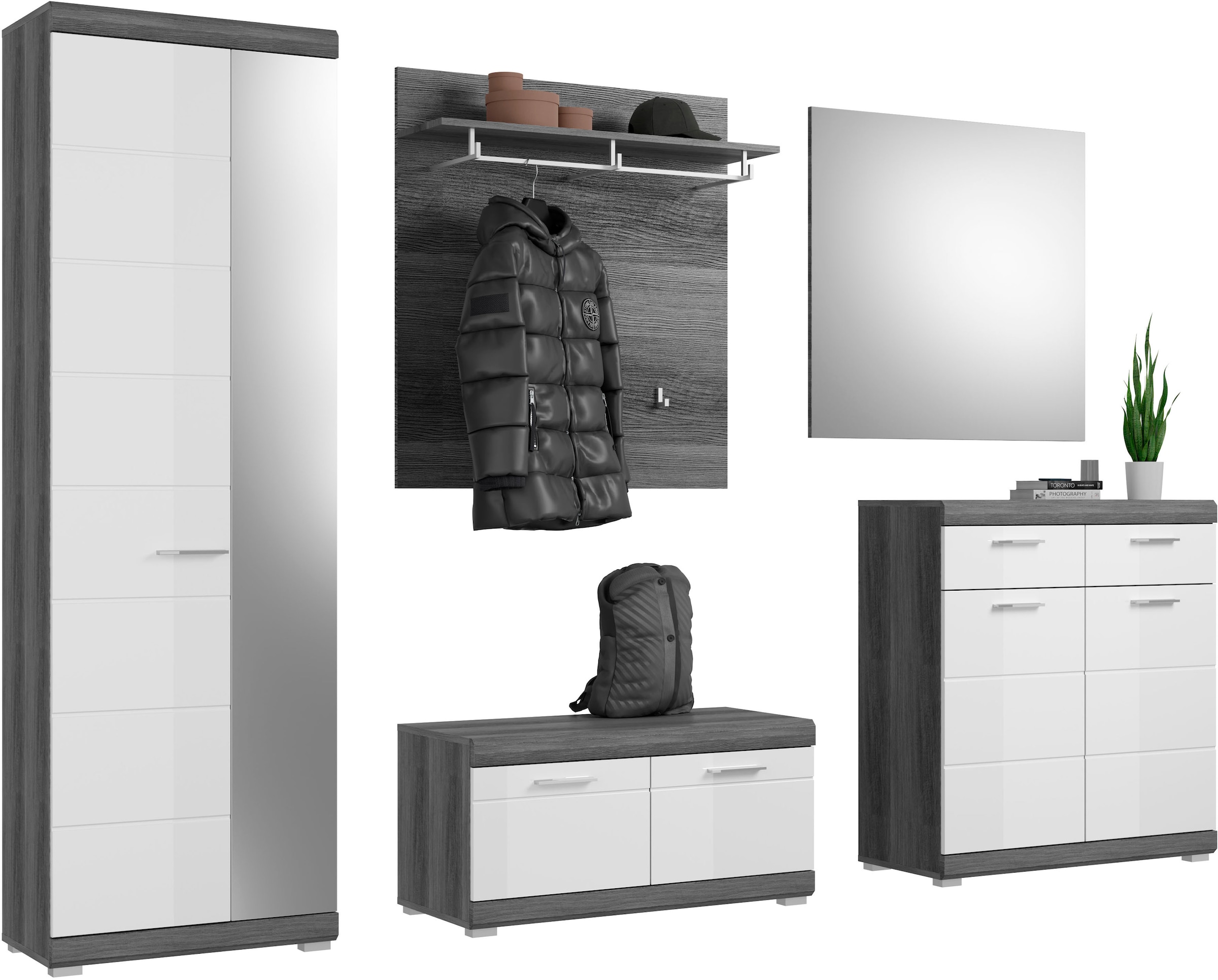 INOSIGN Garderoben-Set »Siena, Fronten mit hochwertiger Rillenfräsung, 5-teilig,bestehend aus:«, (3 St.), Garderobenschrank, Sitzbank, Garderobenpaneel, Schuhschrank, Spiegel