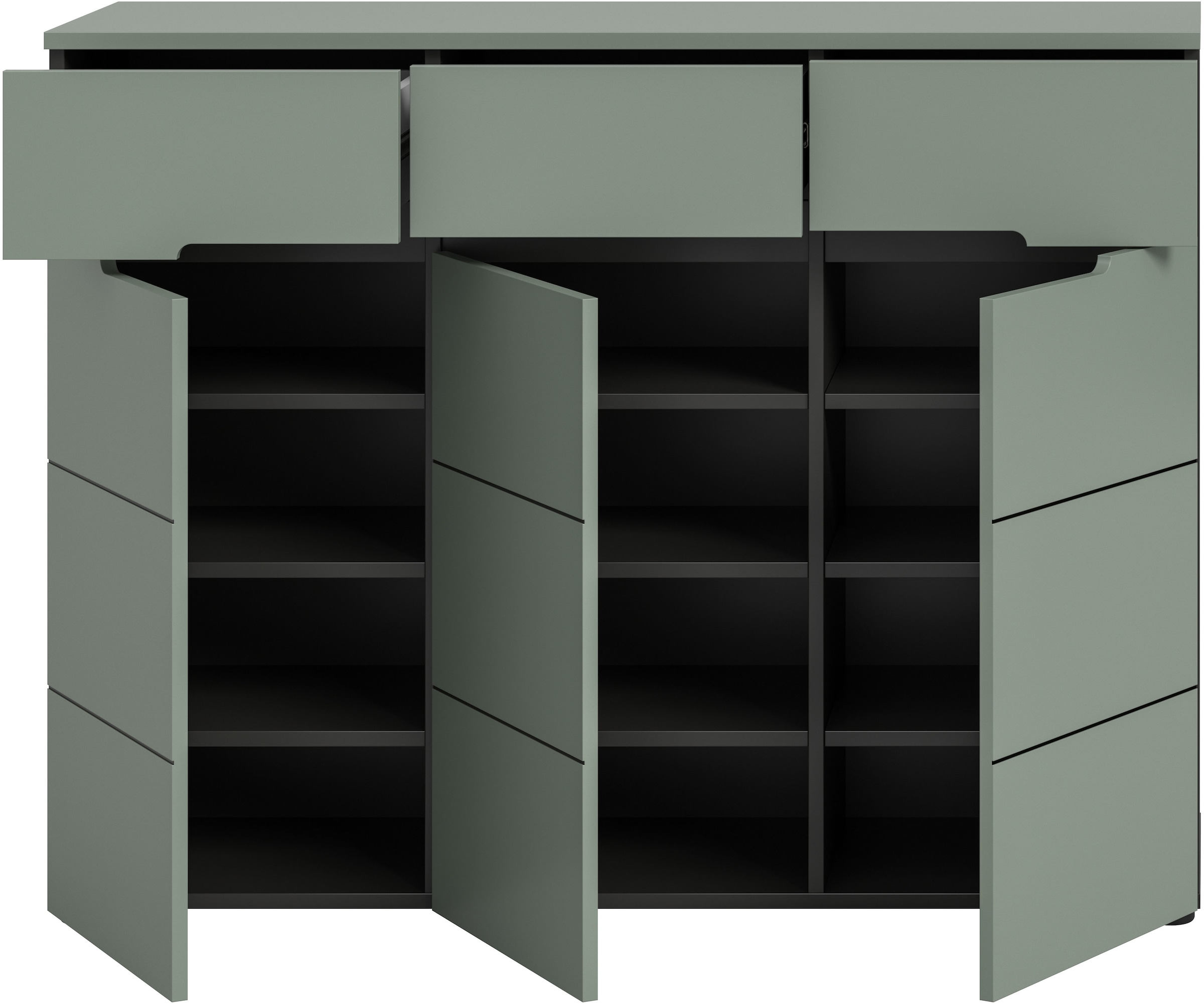 INOSIGN Garderobenschrank »REHAT, TOPSELLER!, Breite 120 cm, 3 Türen, 3 Schubkästen, 12 Fächer« in verschiedenen Farben erhältlich, Platz für ca. 24 Paar Schuhe, 1 Stk. tlg. Schuhschrank, Kommode, Schuhkommode, Anrichte, Sideboard