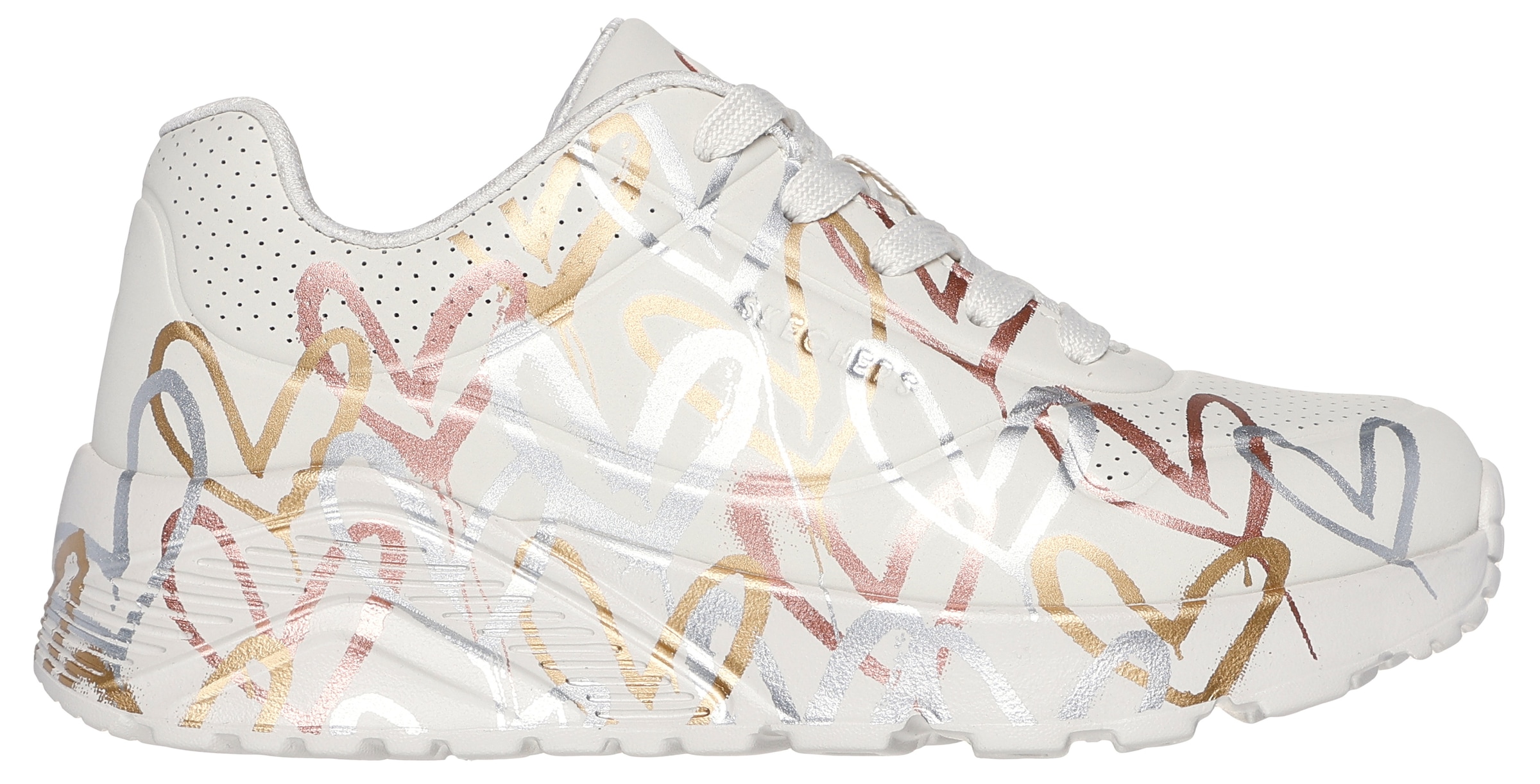 Skechers Baskets à plateforme »Skechers x JGoldcrown: Uno Lite - Metallic Love«  , Schnürschuh, Keilsneaker mit Herzchen im Metallic Look bedruckt