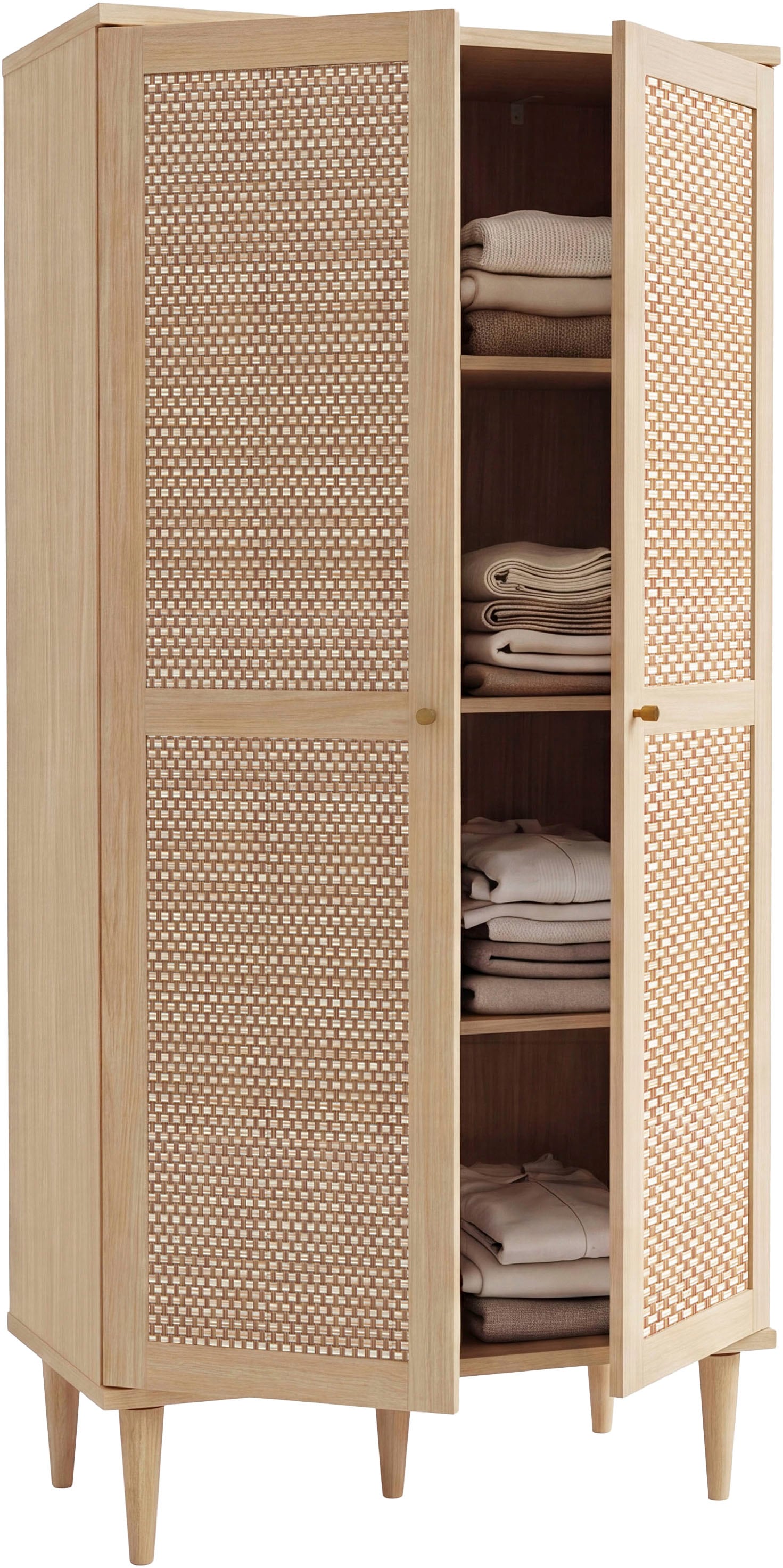 GOODproduct Kleiderschrank »ELLIAN, Kinderzimmerschrank, Rattan, Wiener Geflecht, 80cm breit« Boho-Stil, Holzfüsse, Metallgriffe, Made in EU, viel Stauraum, FSC®