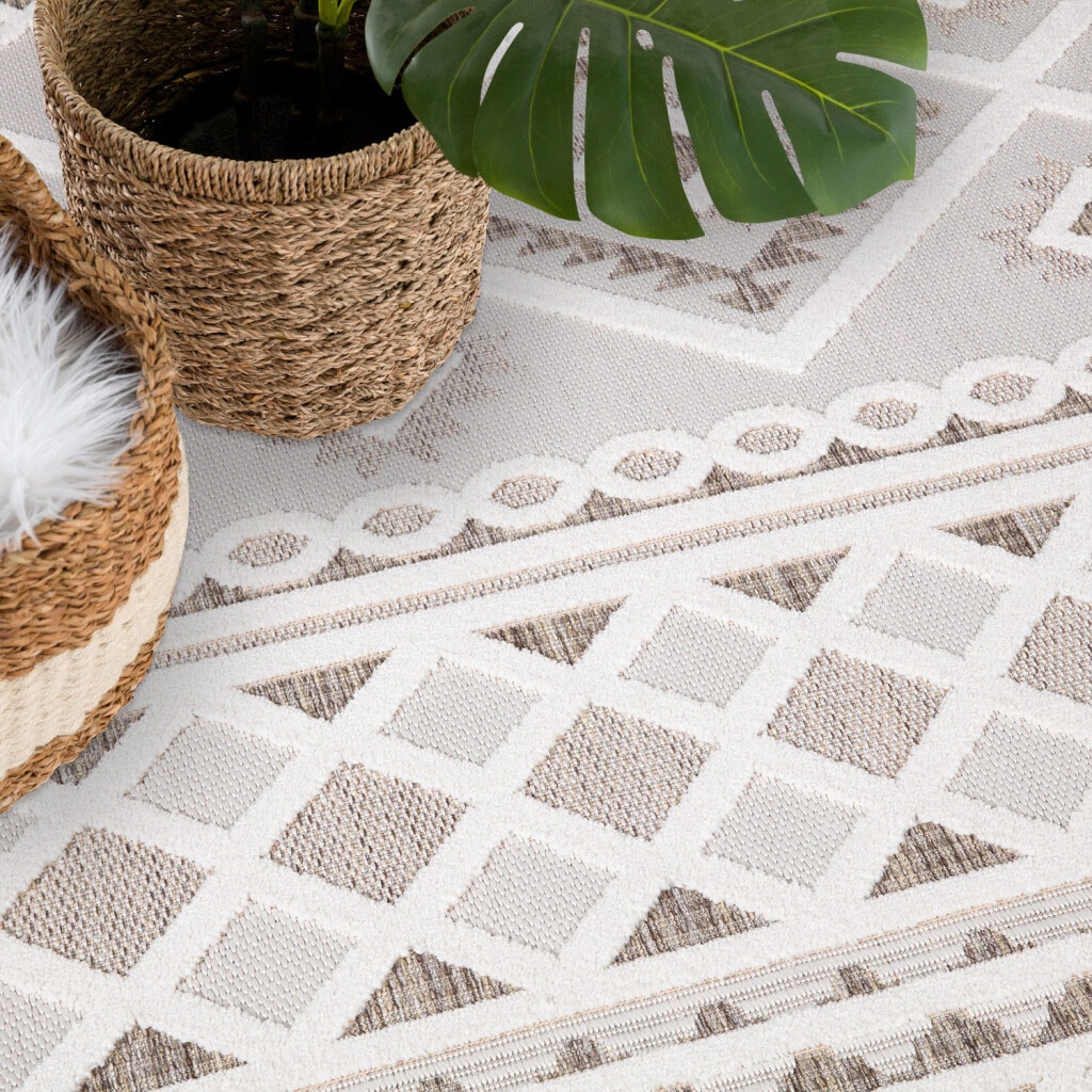Carpet City Teppich »In-& Outdoorteppich Santorini 435, 3D-Effekt, Boho-Look«, rund, 5 mm Höhe, Wetterfest & UV-beständig für Terrasse, Balkon, Küche, Flur