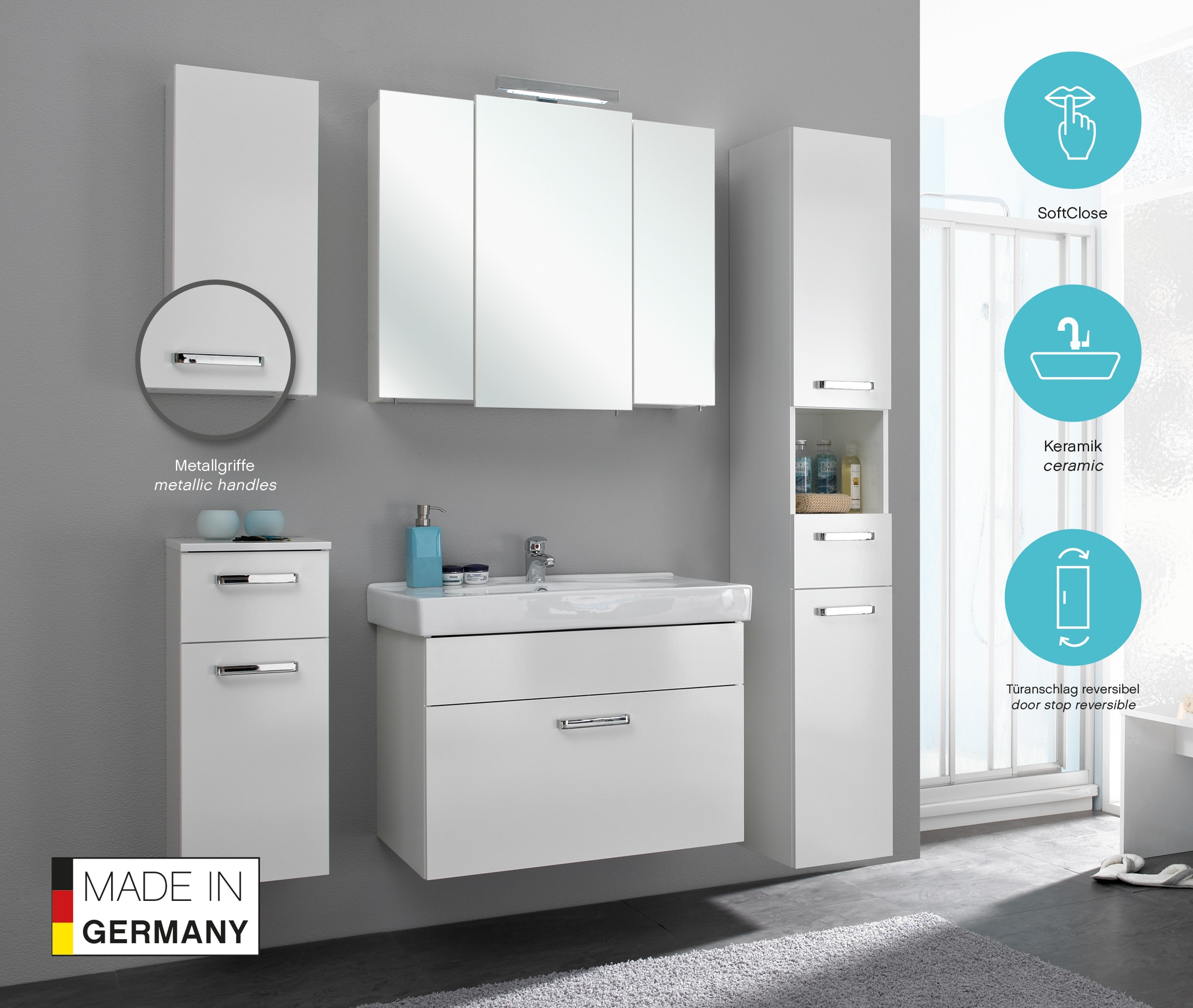 Saphir Armoire basse »Quickset Badschrank mit 1 Tür, 1 Schublade, 30 cm breit« meuble bas de salle de bain incl. amortisseur de porte, poignées chromées brillantes