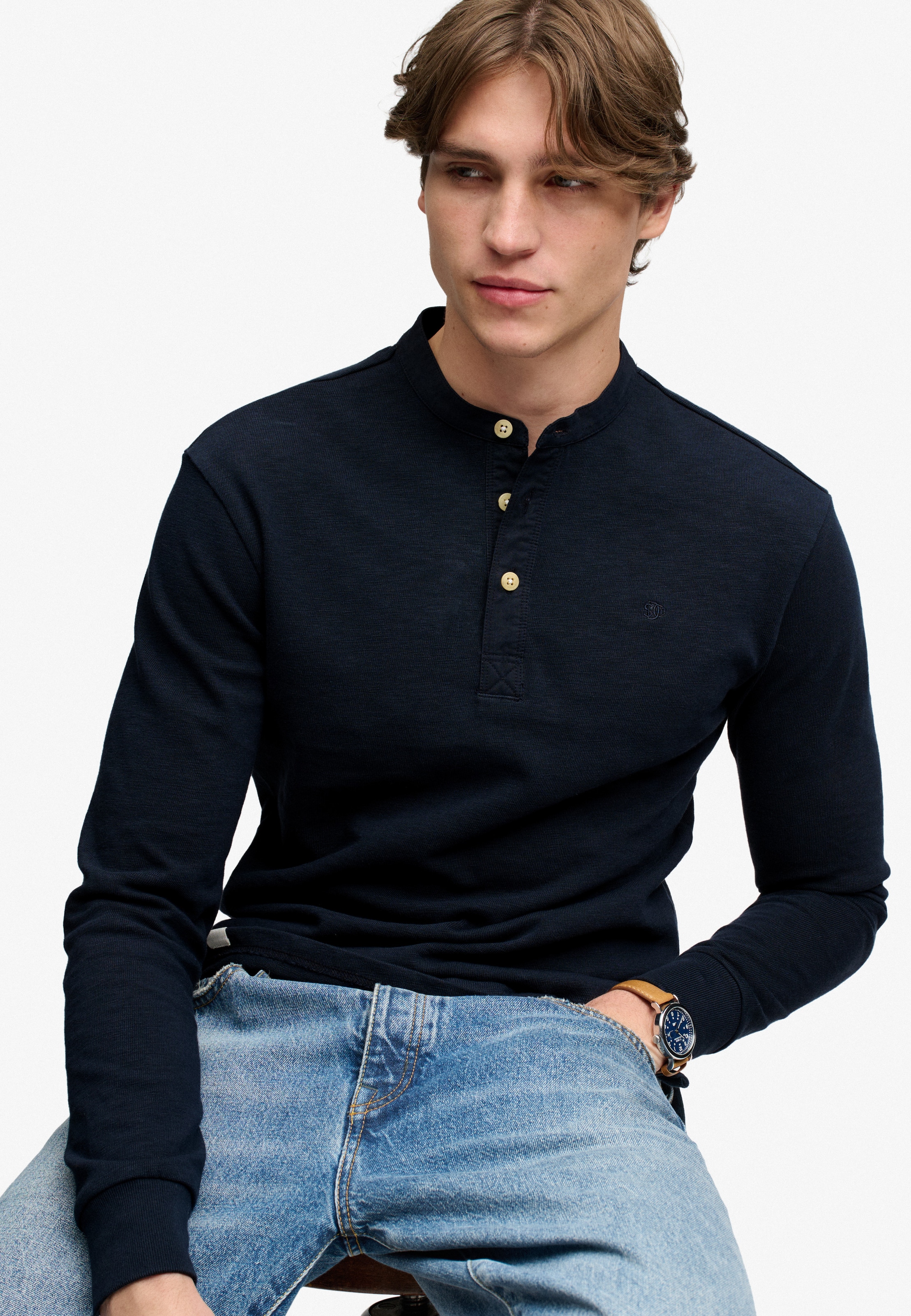 Superdry T-shirt à manches longues »WOVEN PLACKET GRANDAD TOP« Baumwolle, relaxed fit