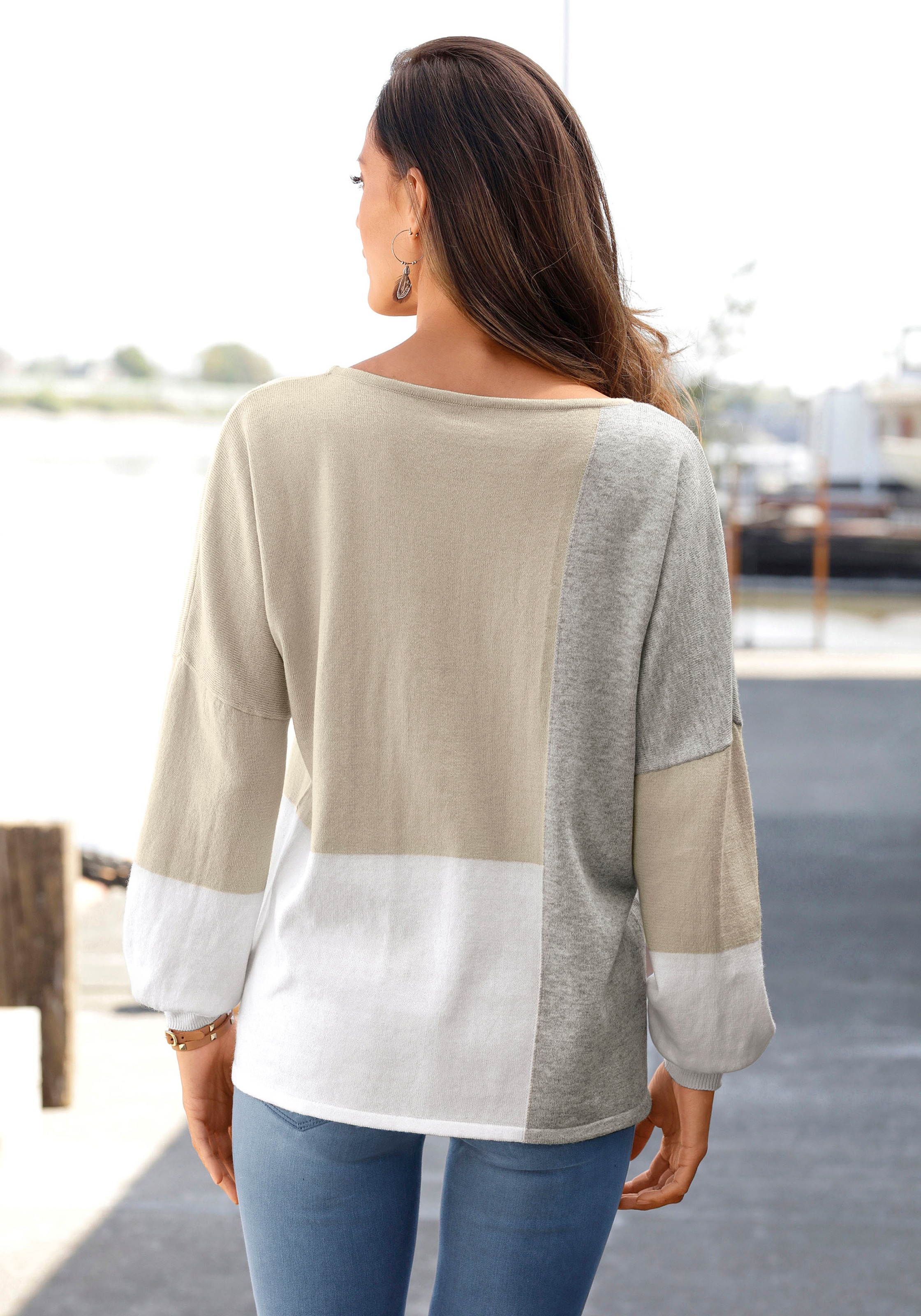 LASCANA Rundhalspullover, mit Colorblock-Optik, Damenpullover, Baumwolle, locker und kaschierend