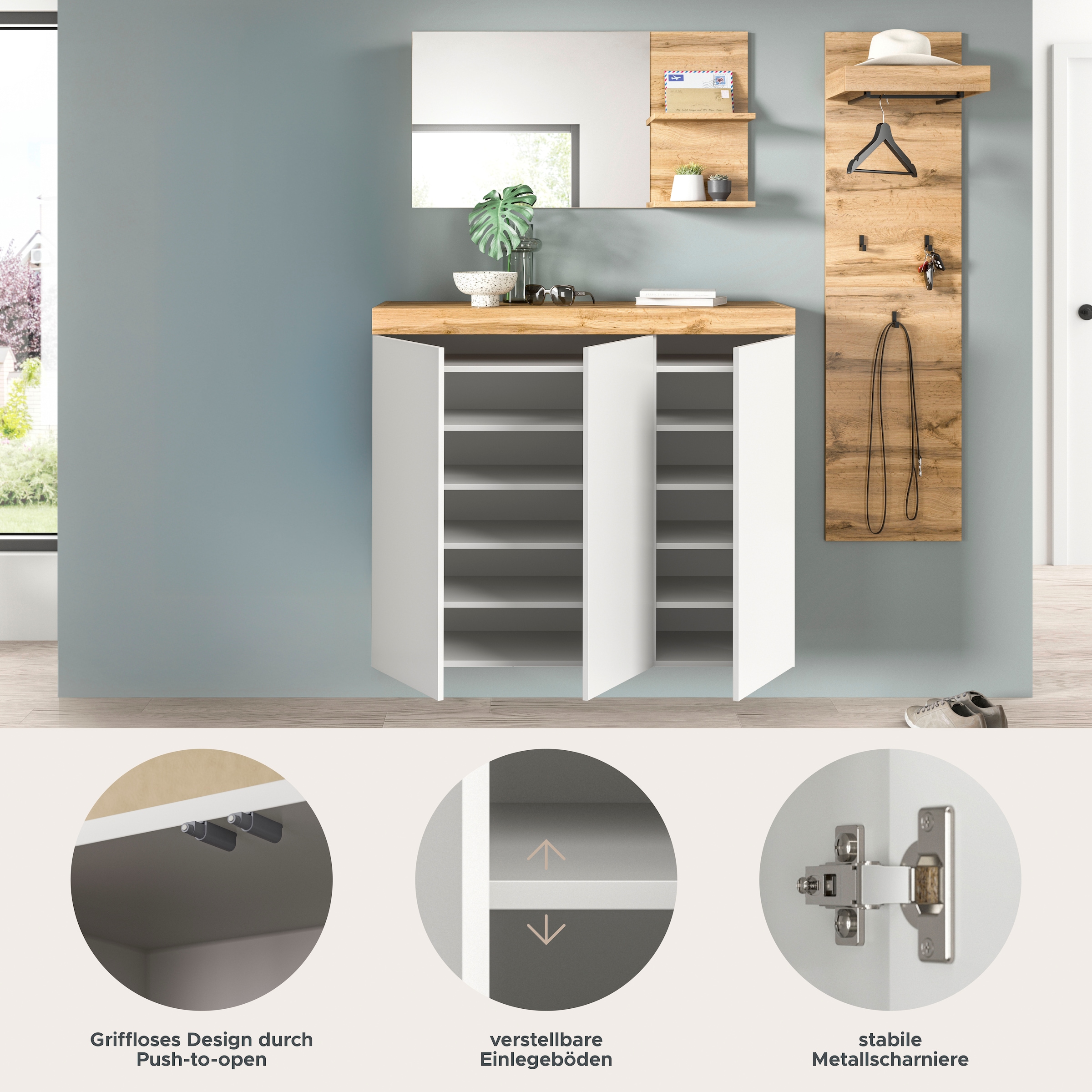 GOODproduct Ensemble de vestiaires »MAMBO, TOPSELLER!, 3-teilige Kombination, stehend & hängend montierbar« bestehend aus: Kommode, Spiegel, Garderobenpaneel, 3 cuis tlg.