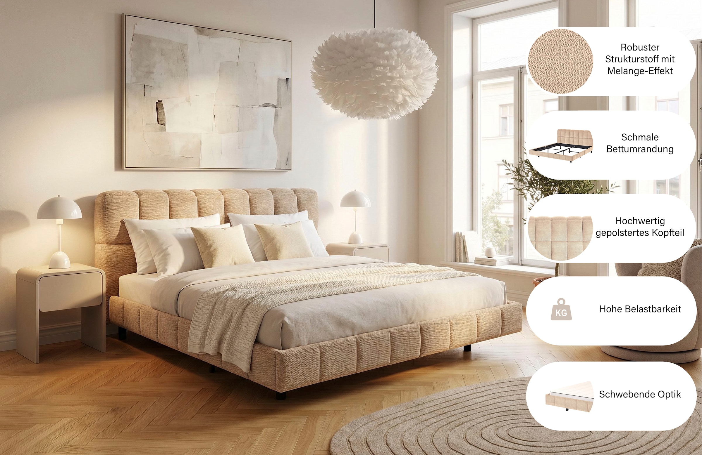 ATLANTIC home collection Polsterbett »Neela in 180cm x 200cm« gepolstertes Kopfteil und Rahmen, Bezug aus hochwertigen Strukturstoff