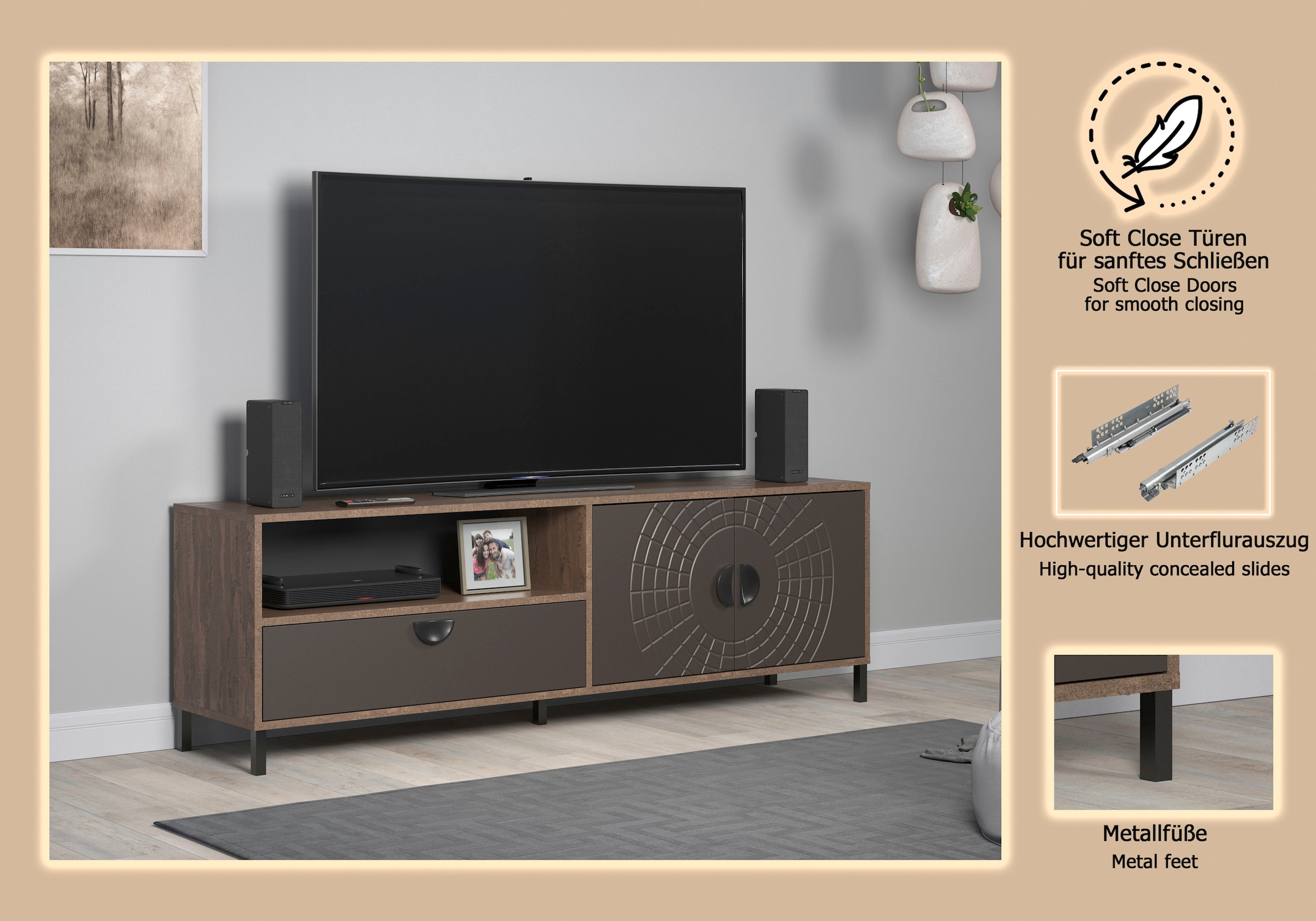 INOSIGN Lowboard »Fusion« 1 Stk. tlg. TV-Lowboard mit Soft-Close-Türen & Schubkasten – (B/T/H) 183/40/55 cm