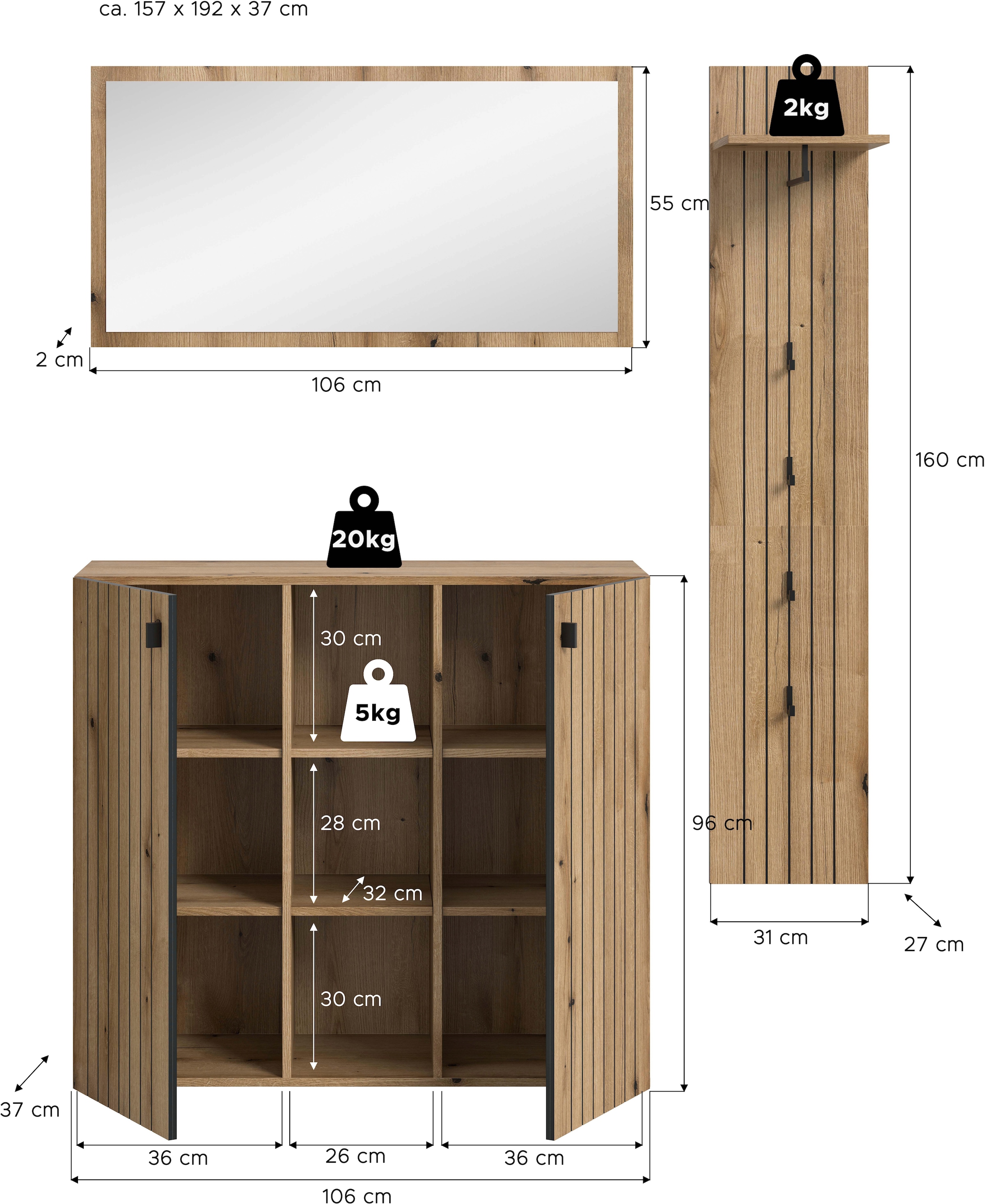 Home affaire Ensemble de vestiaires »TATIO, 3-tlg. Garderobenkombination, Breite:157cm, Rillenfräsung« Set, Set, best. aus: 1 Spiegel, 1 Garderobenpaneel, 1 Schuhkommode, 3 cuis tlg.