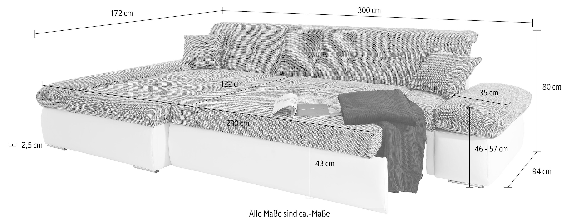 DOMO collection Ecksofa »Moric, L-Form, XXL-Sofa - Breite 300cm«, wahlweise mit Bettfunktion und Armteilverstellung, schwarz-silberfarben