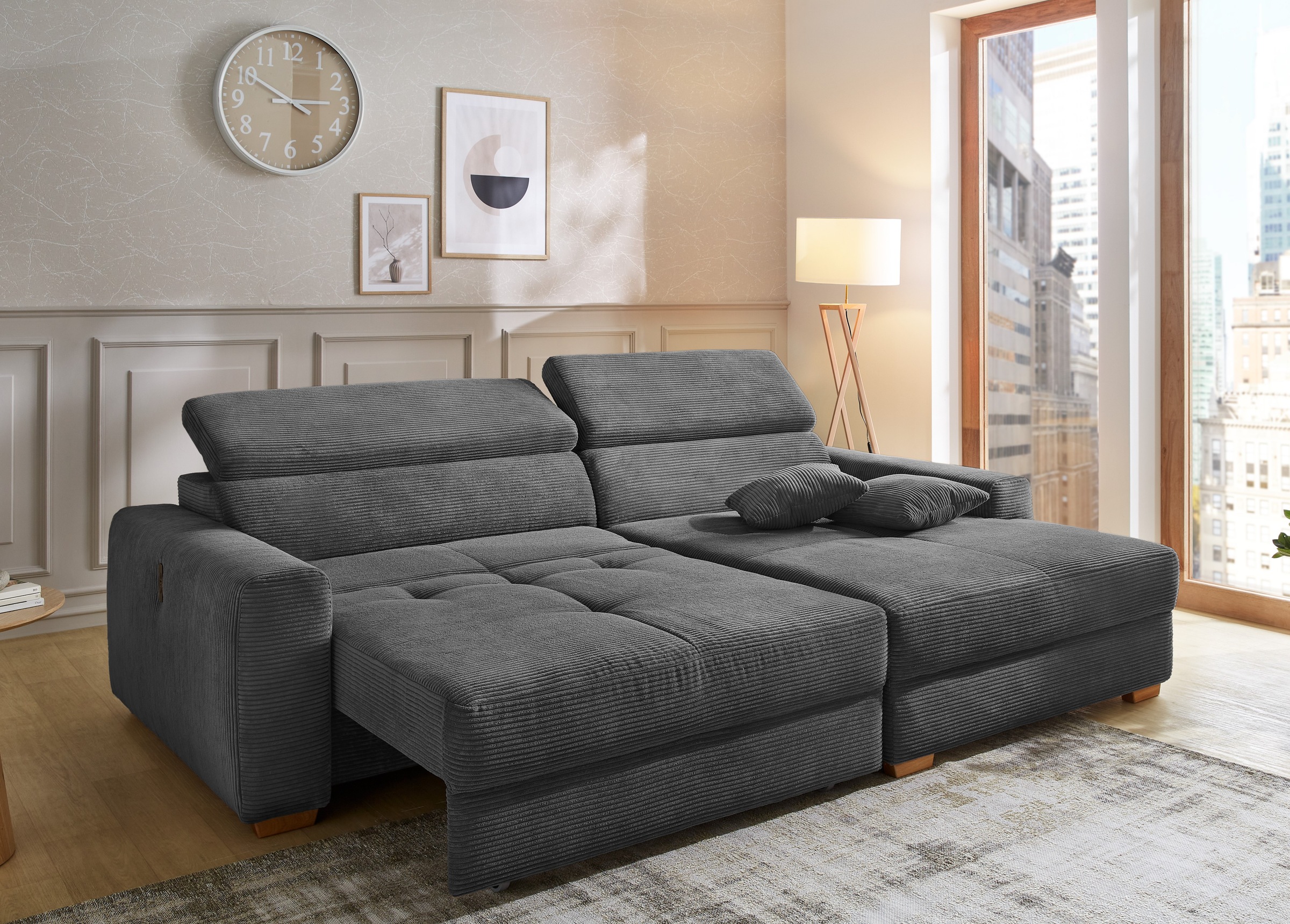 Jockenhöfer Gruppe Ecksofa "Slider L-Form, B: 277 cm Couch, 60cm elektrische Sitztiefenverstellung" 140kg Belastbarkeit, USB-Anschluss, Kopfteilverstellung & Zierkissen