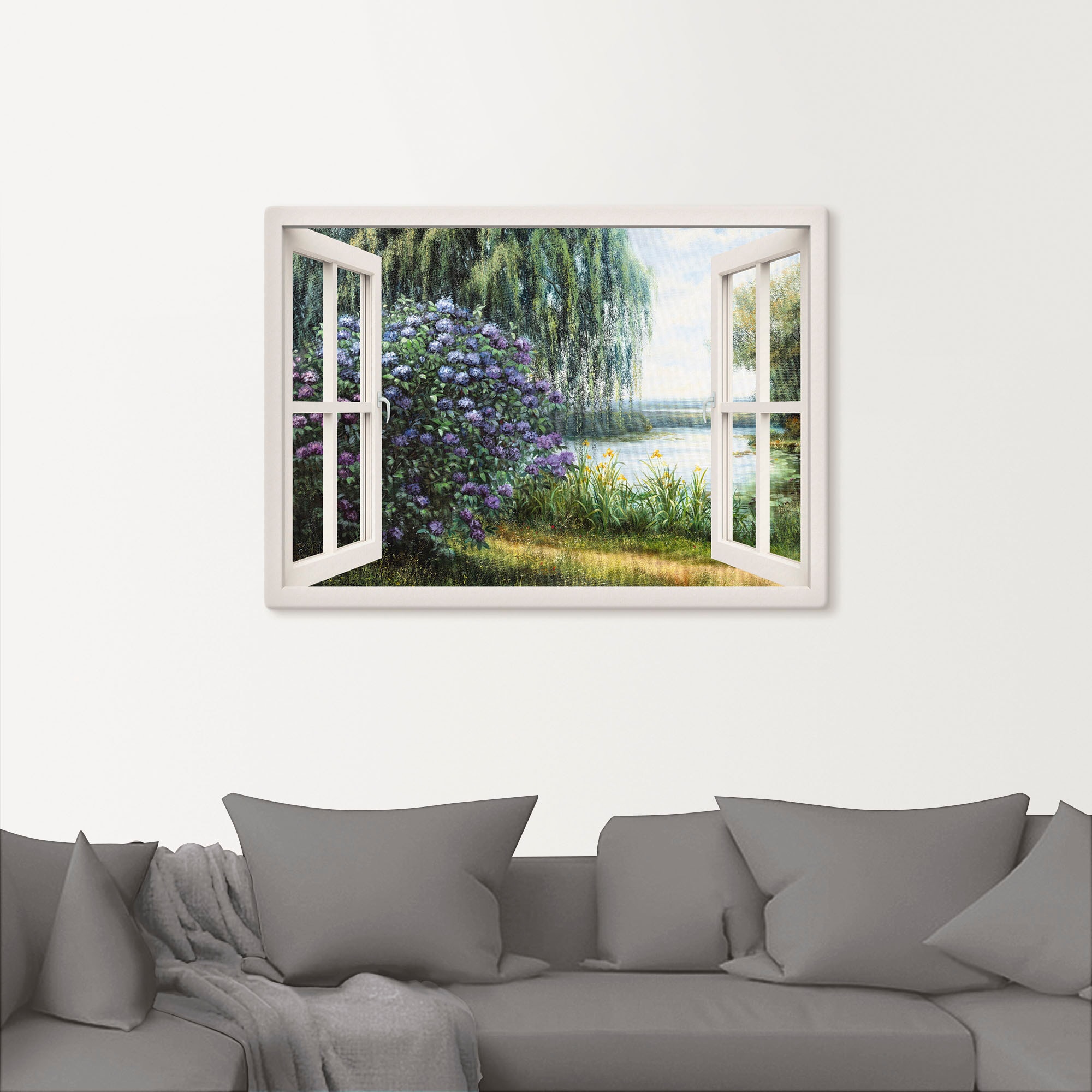 Artland Wandbild »Hortensien am See«, Fensterblick, (1 St.), als Leinwandbild, Poster, Wandaufkleber in verschied. Grössen