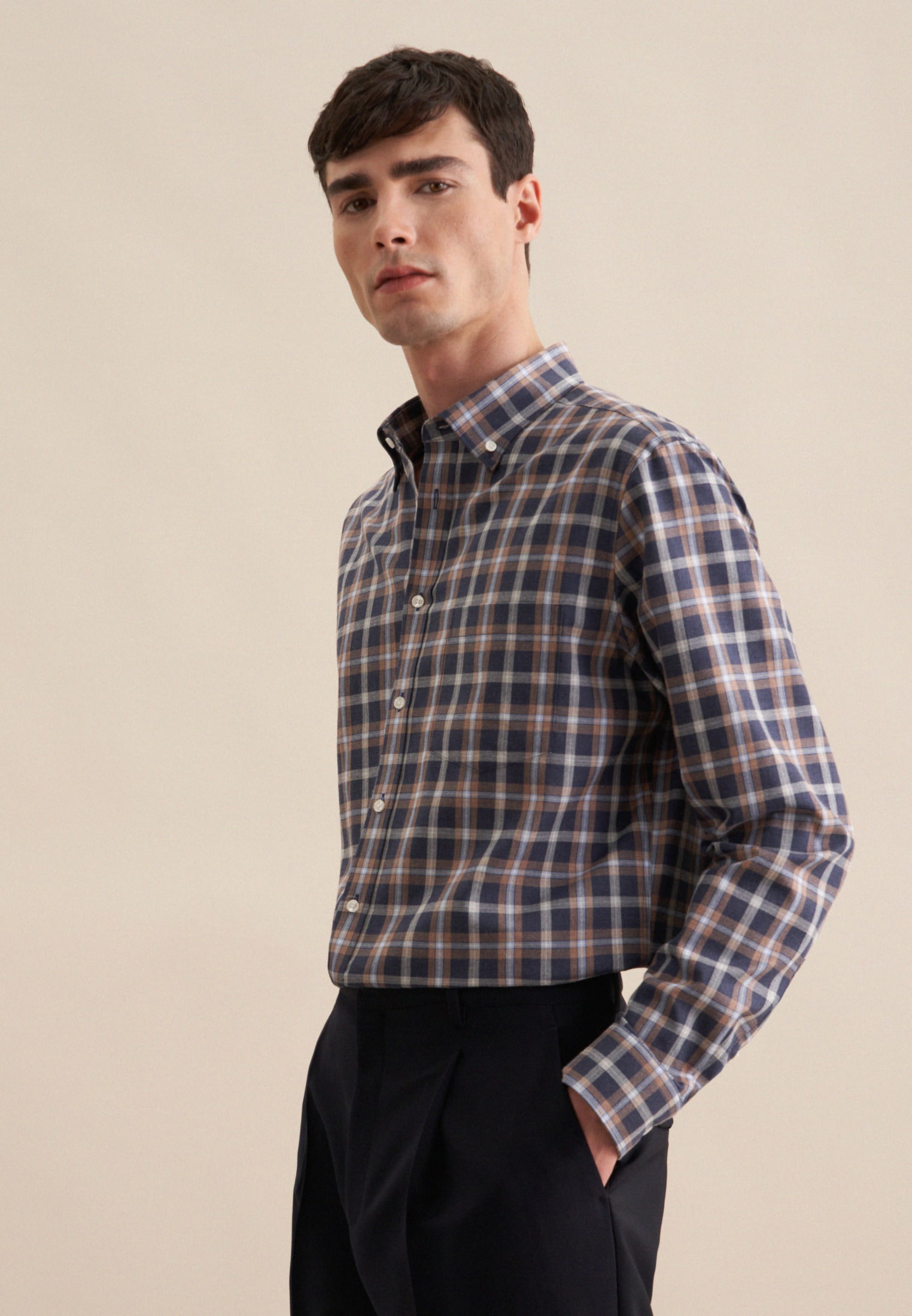 Flanellhemd »Comfort«, Comfort Langarm Button-Down-Kragen Karo