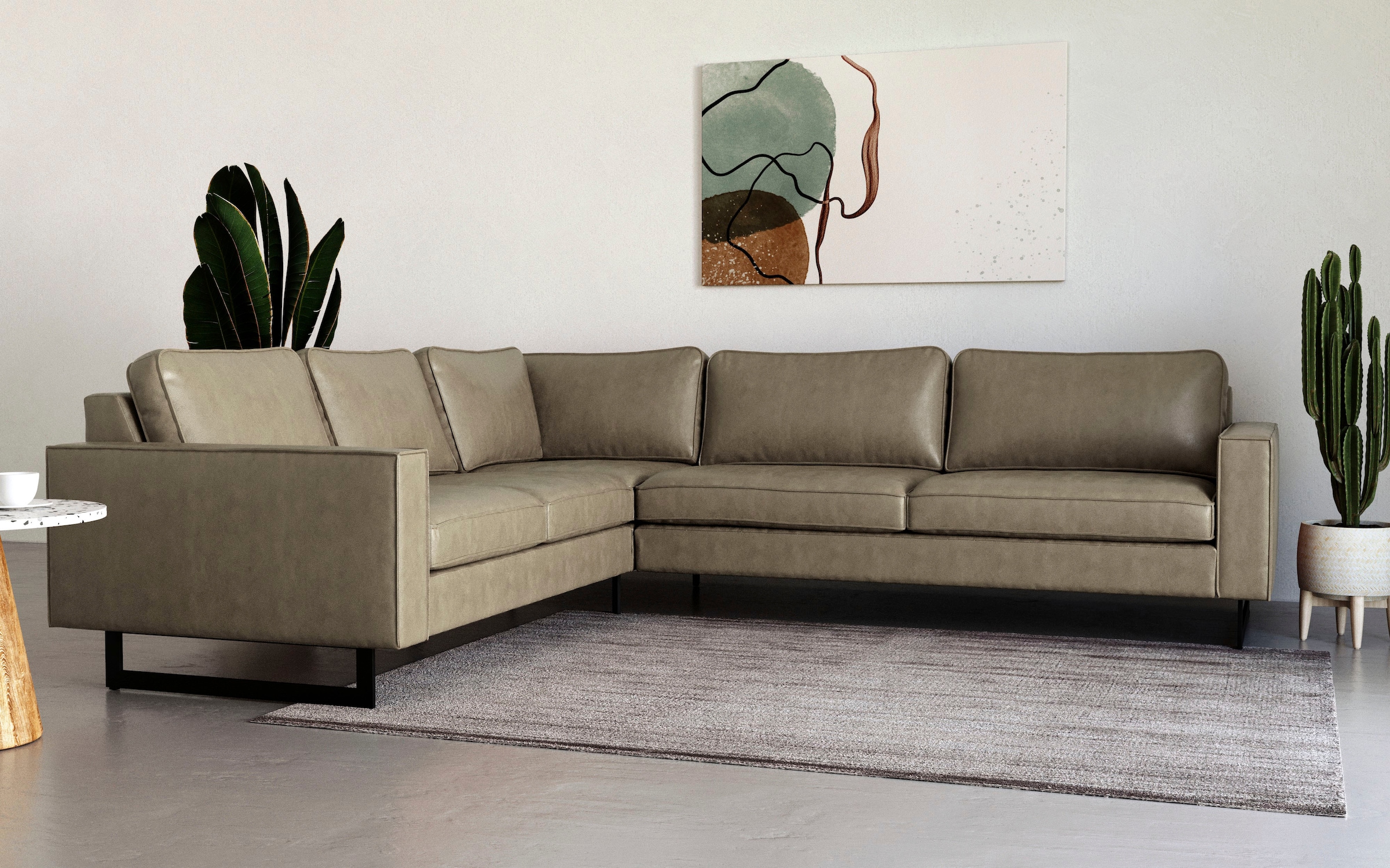 Places of Style Ecksofa »Pinto, XXL, 250/290 cm, langer Schenkel, Ottomane«, Cord, Chenille, Lederoptik, mit Keder, Metallfüsse, Wellenunterfederung