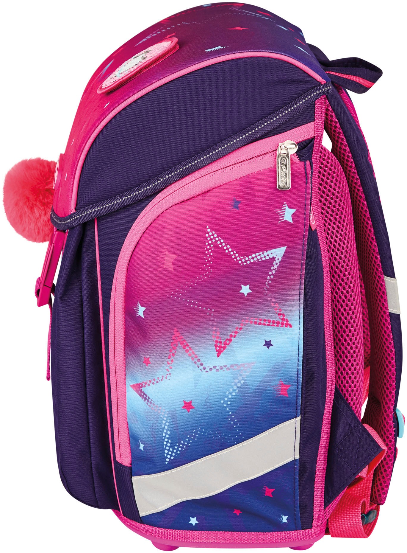 Herlitz Schulranzen »FiloLight Plus, Pink Stars«, Floureszierende Flächen-reflektierende Streifen auf den Schultergurten-Reflektoren, mit Sportbeutel, Etui, Faulenzer und Sportbeutel